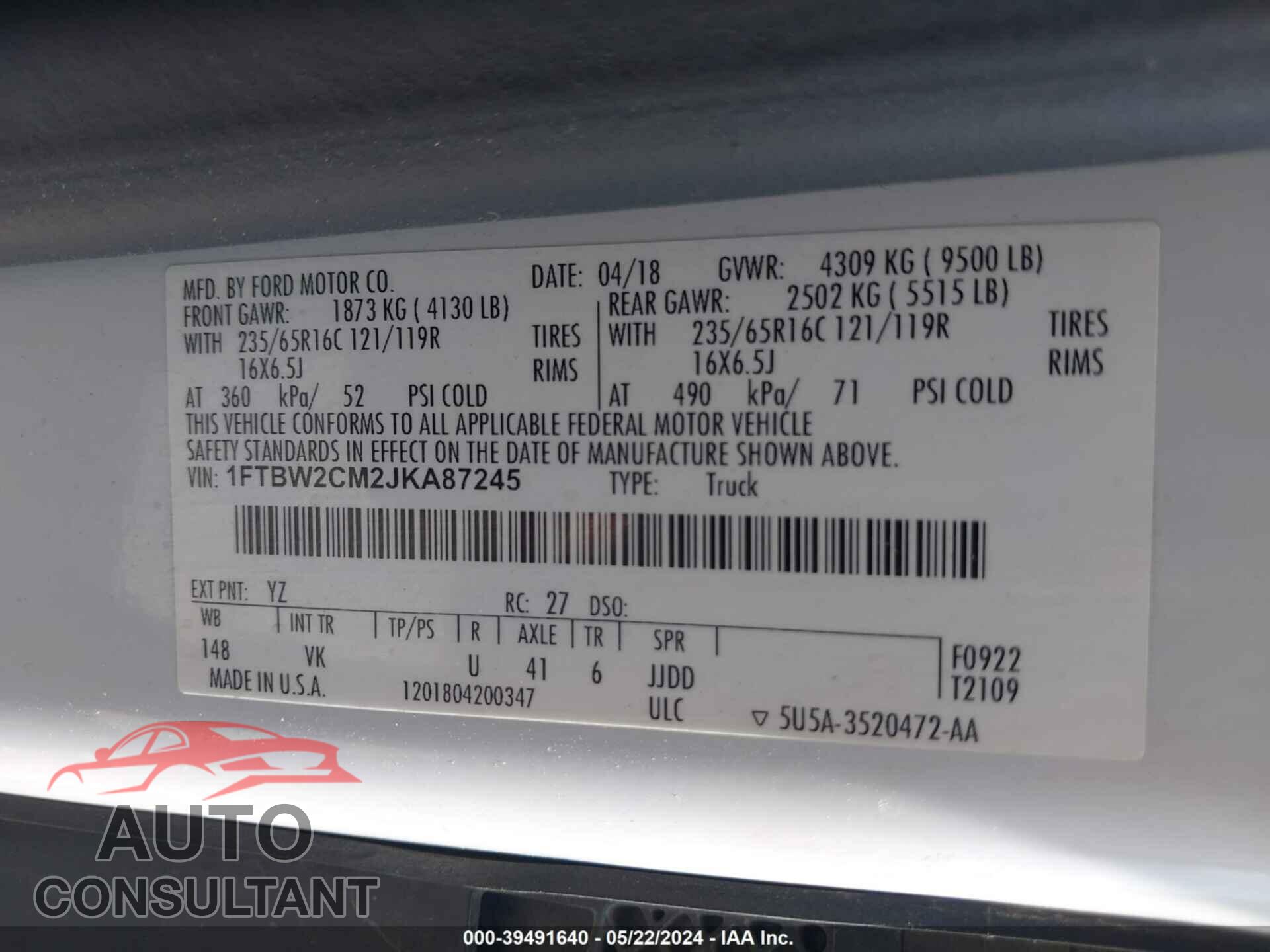 FORD TRANSIT-350 2018 - 1FTBW2CM2JKA87245