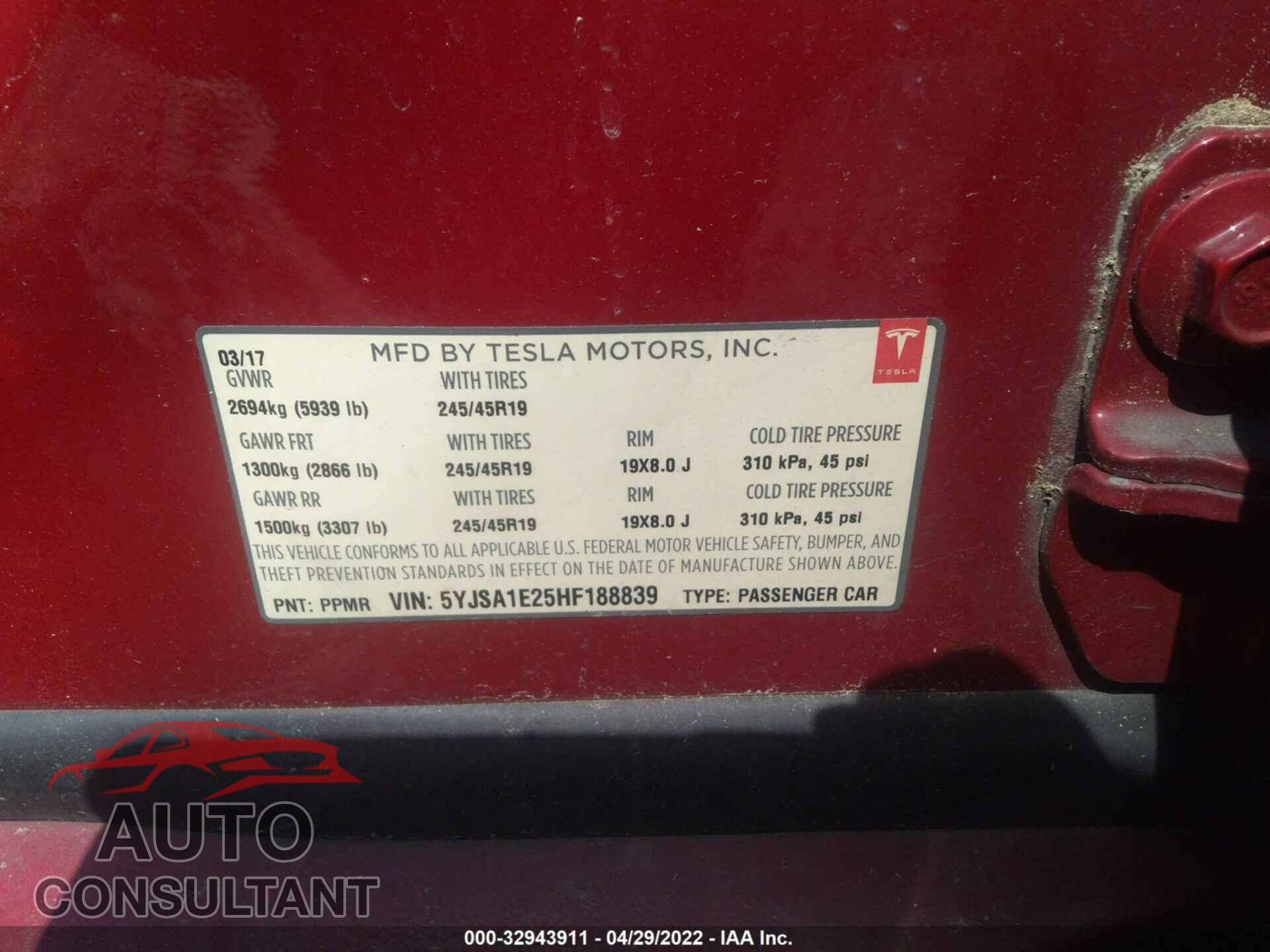 TESLA MODEL S 2017 - 5YJSA1E25HF188839