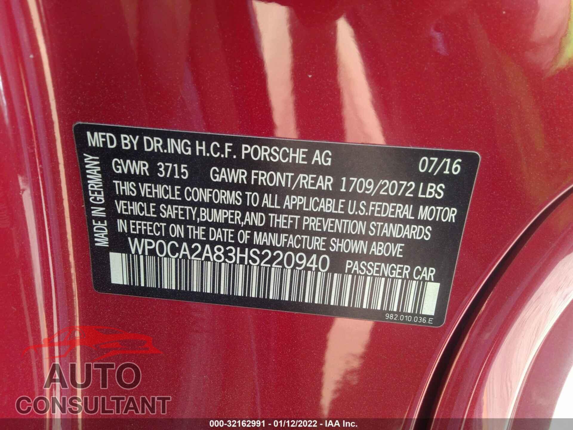 PORSCHE 718 BOXSTER 2017 - WP0CA2A83HS220940
