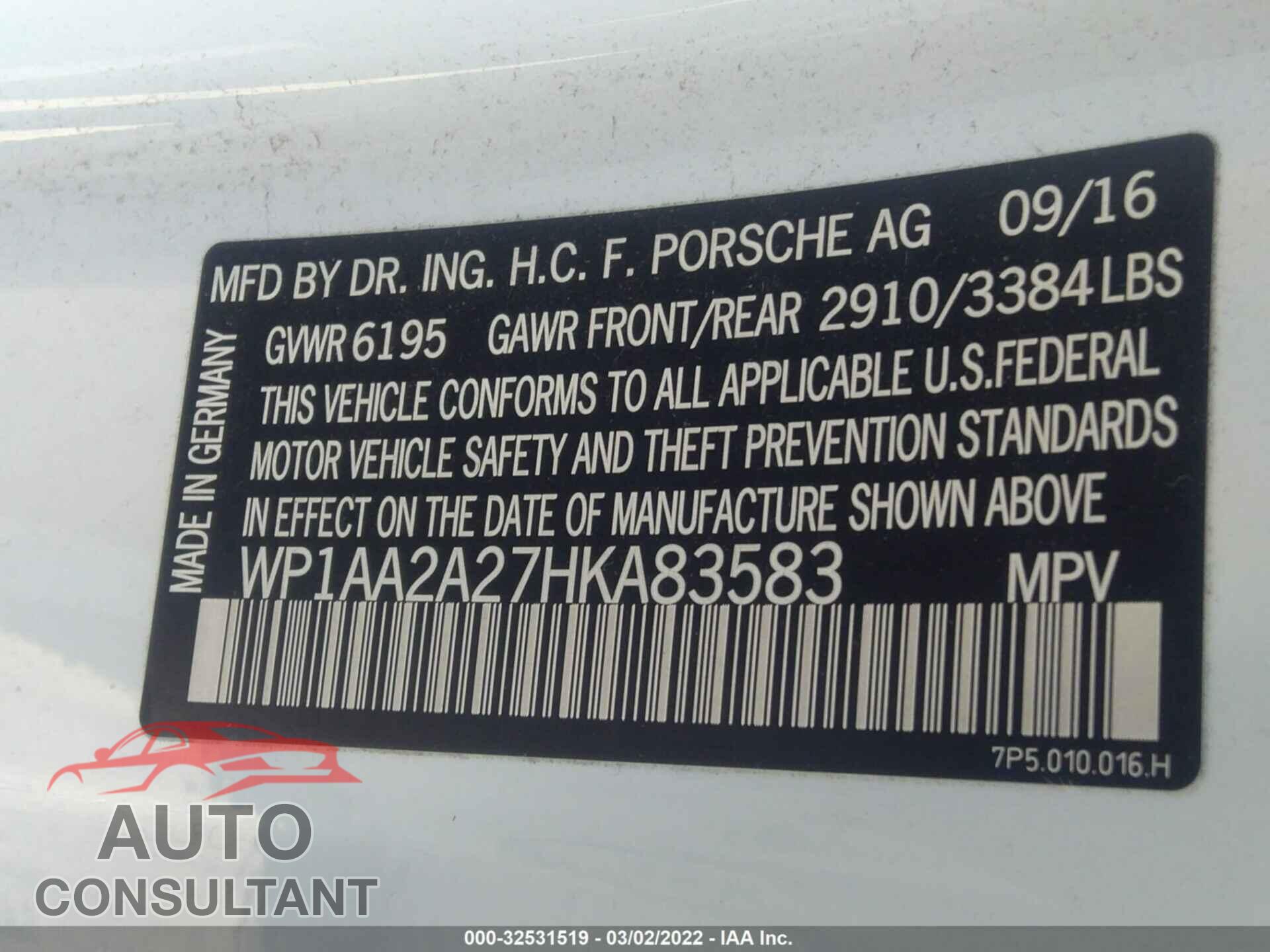 PORSCHE CAYENNE 2017 - WP1AA2A27HKA83583