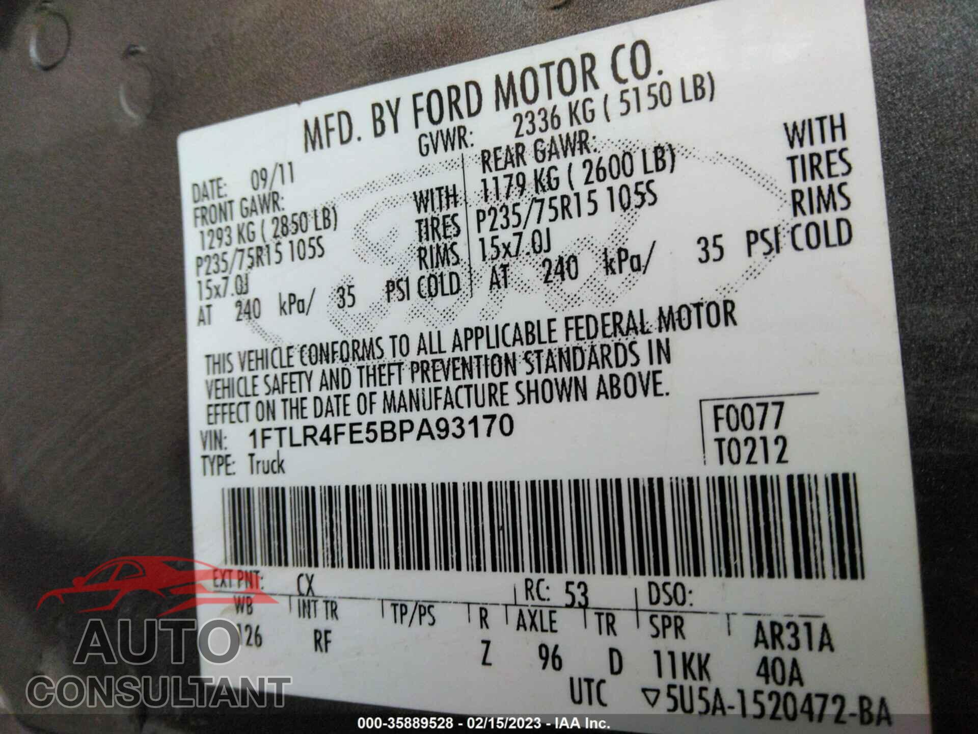 FORD RANGER 2011 - 1FTLR4FE5BPA93170