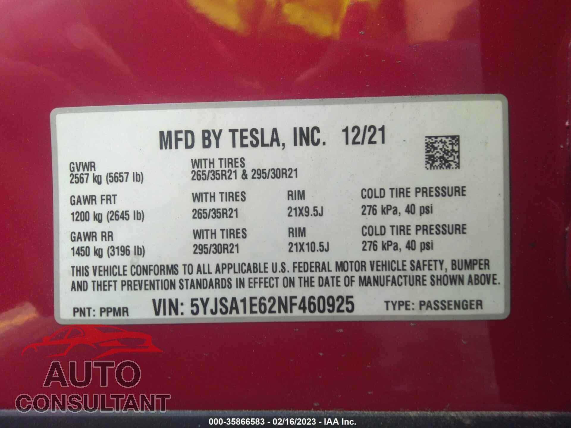 TESLA MODEL S 2022 - 5YJSA1E62NF460925