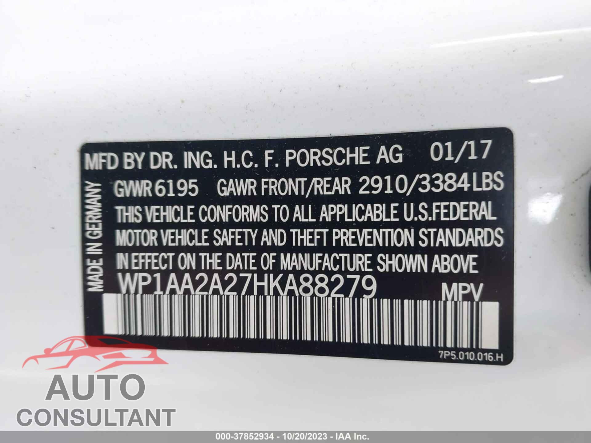 PORSCHE CAYENNE 2017 - WP1AA2A27HKA88279