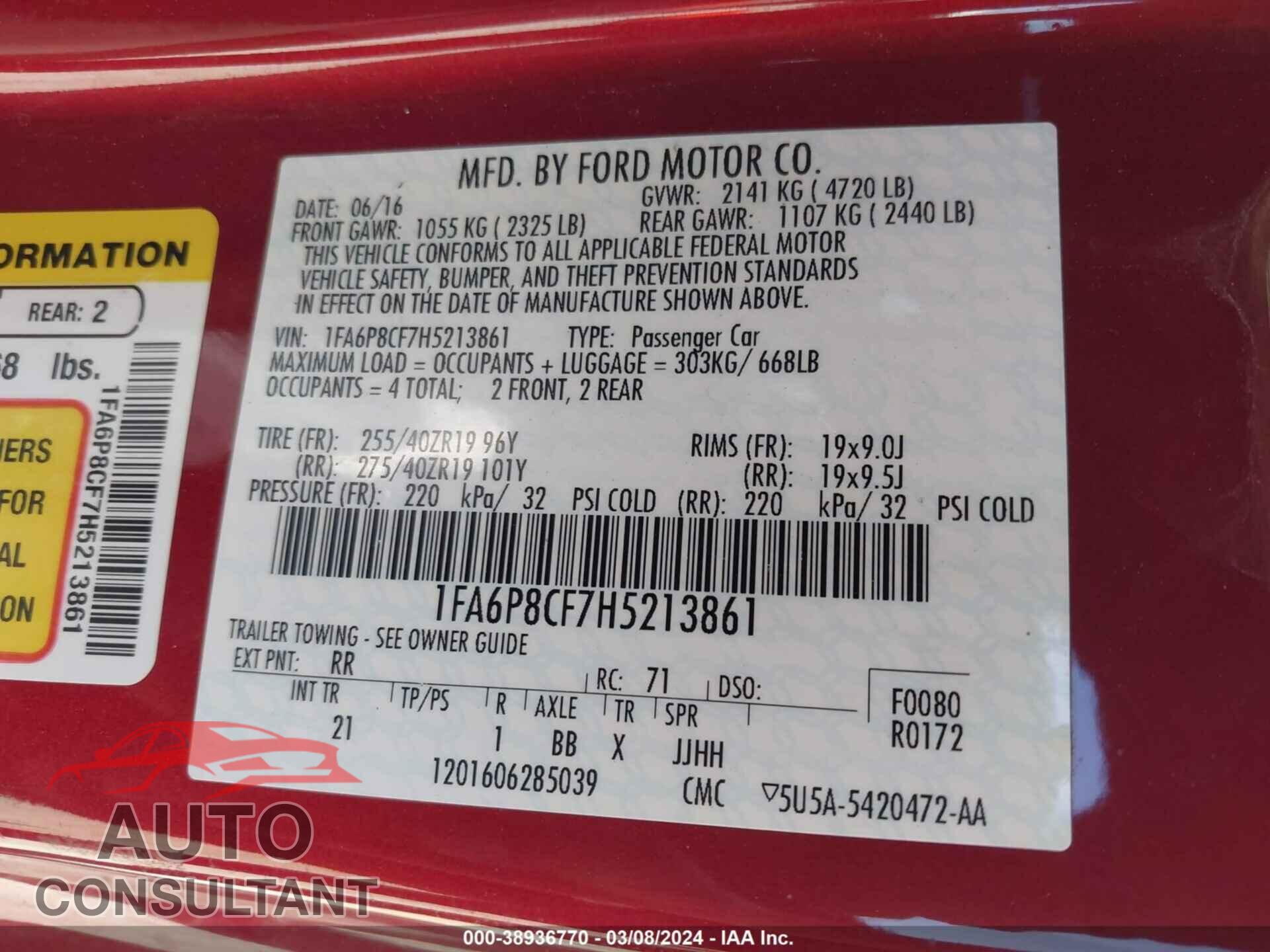 FORD MUSTANG 2017 - 1FA6P8CF7H5213861