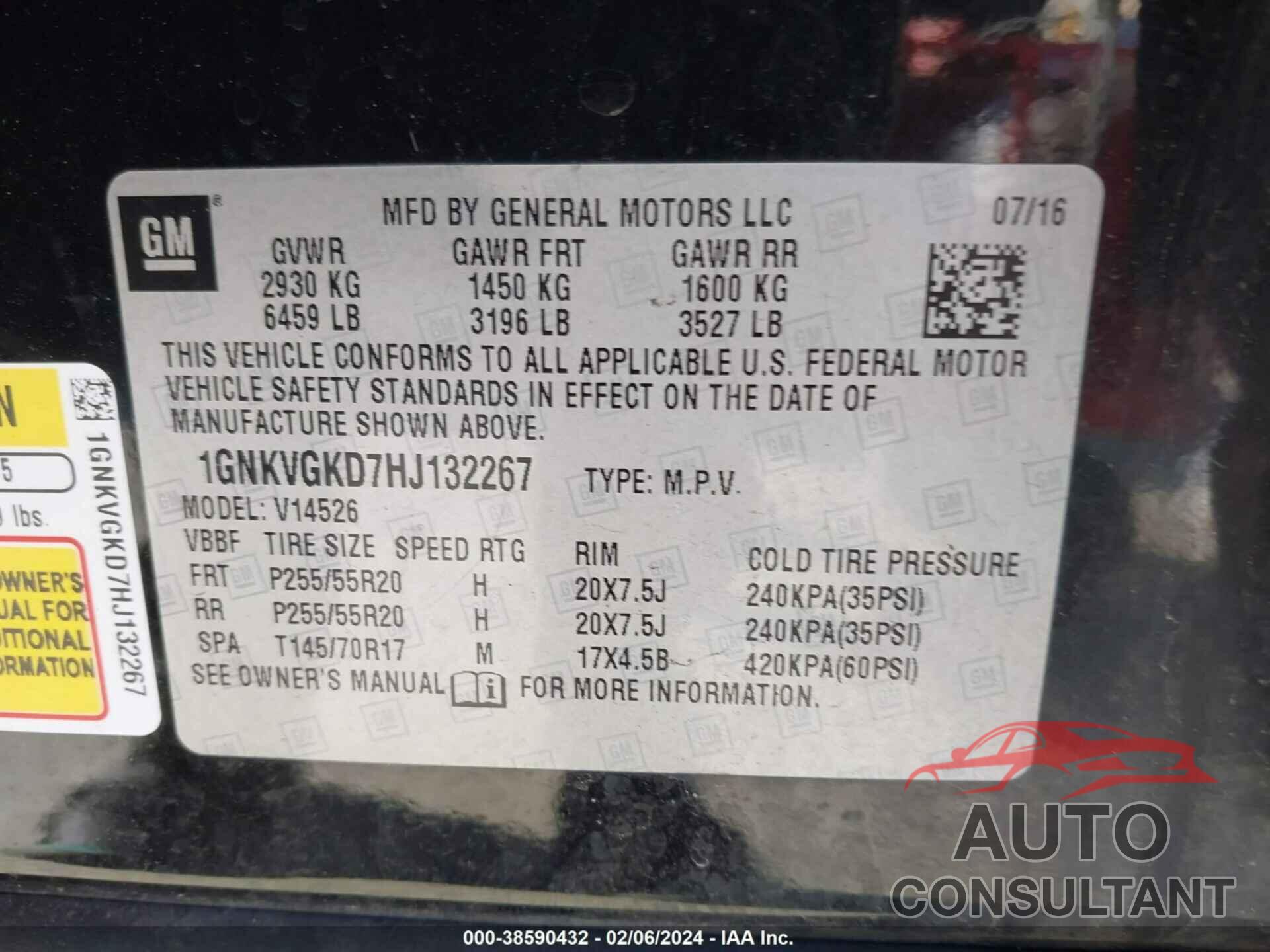 CHEVROLET TRAVERSE 2017 - 1GNKVGKD7HJ132267