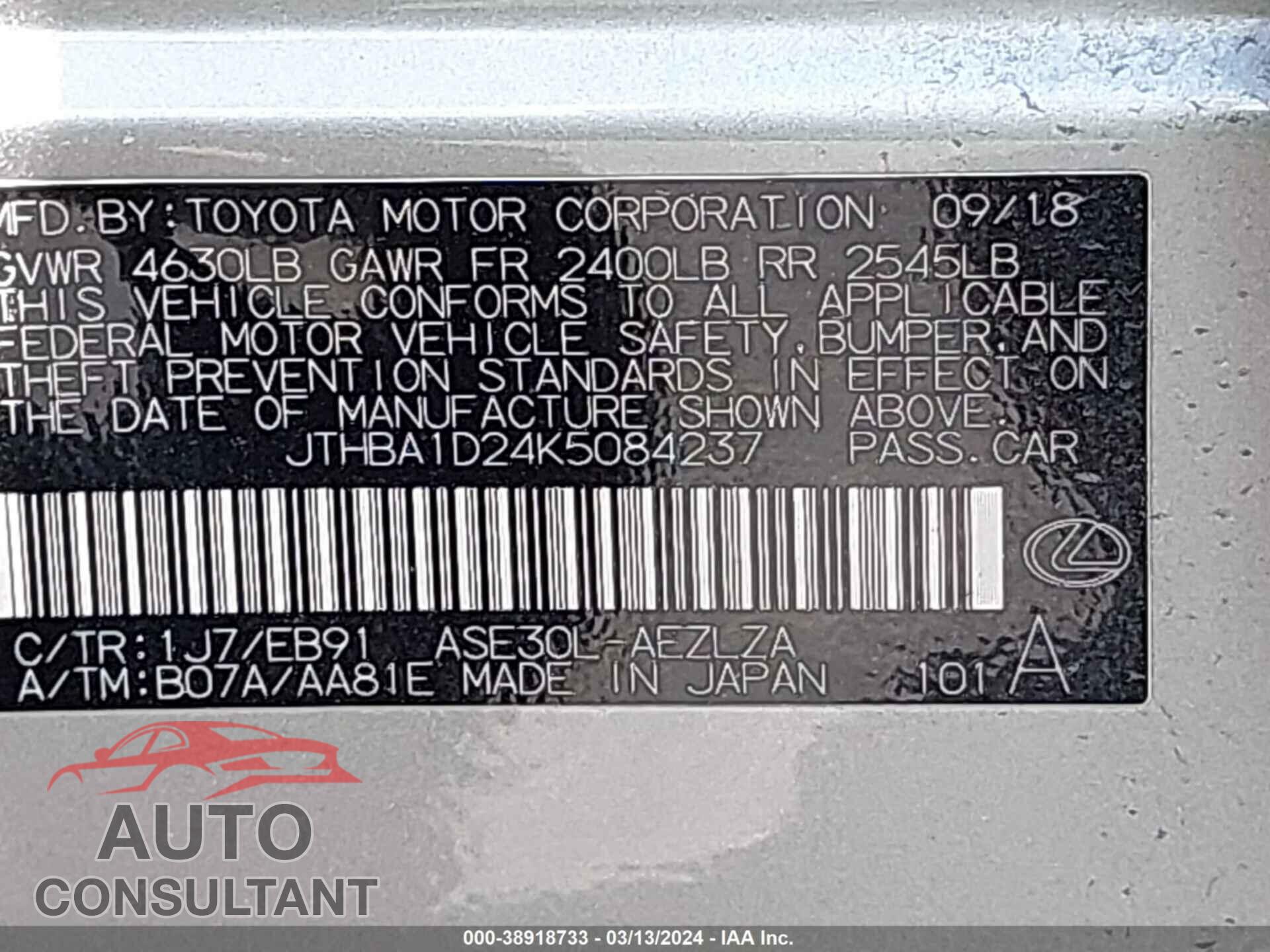 LEXUS IS 2019 - JTHBA1D24K5084237