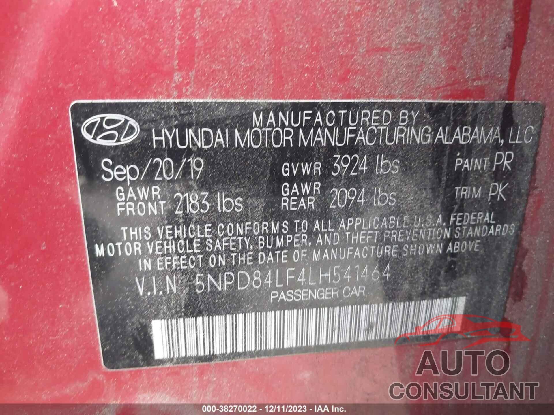 HYUNDAI ELANTRA 2020 - 5NPD84LF4LH541464