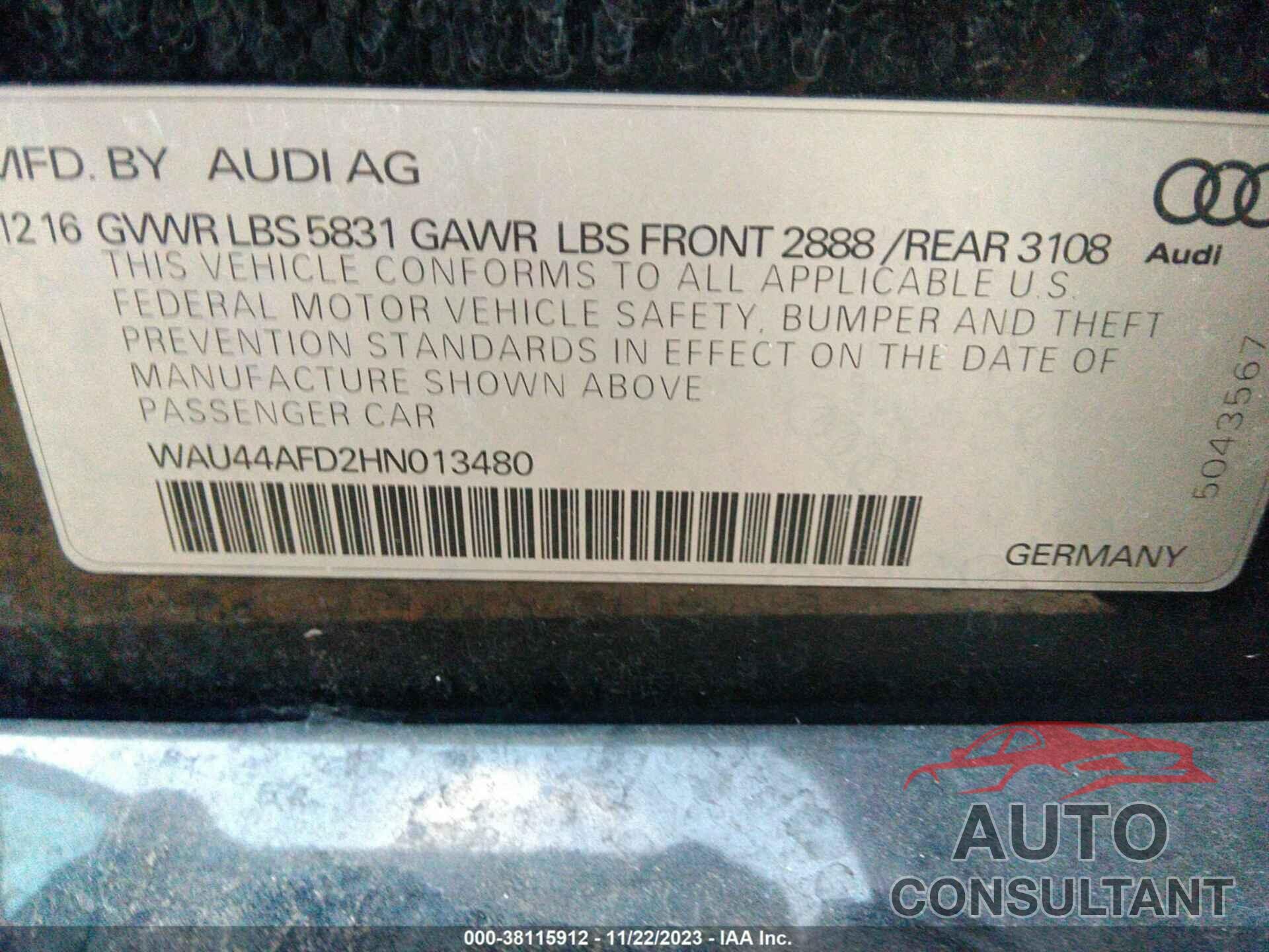 AUDI A8 L 2017 - WAU44AFD2HN013480