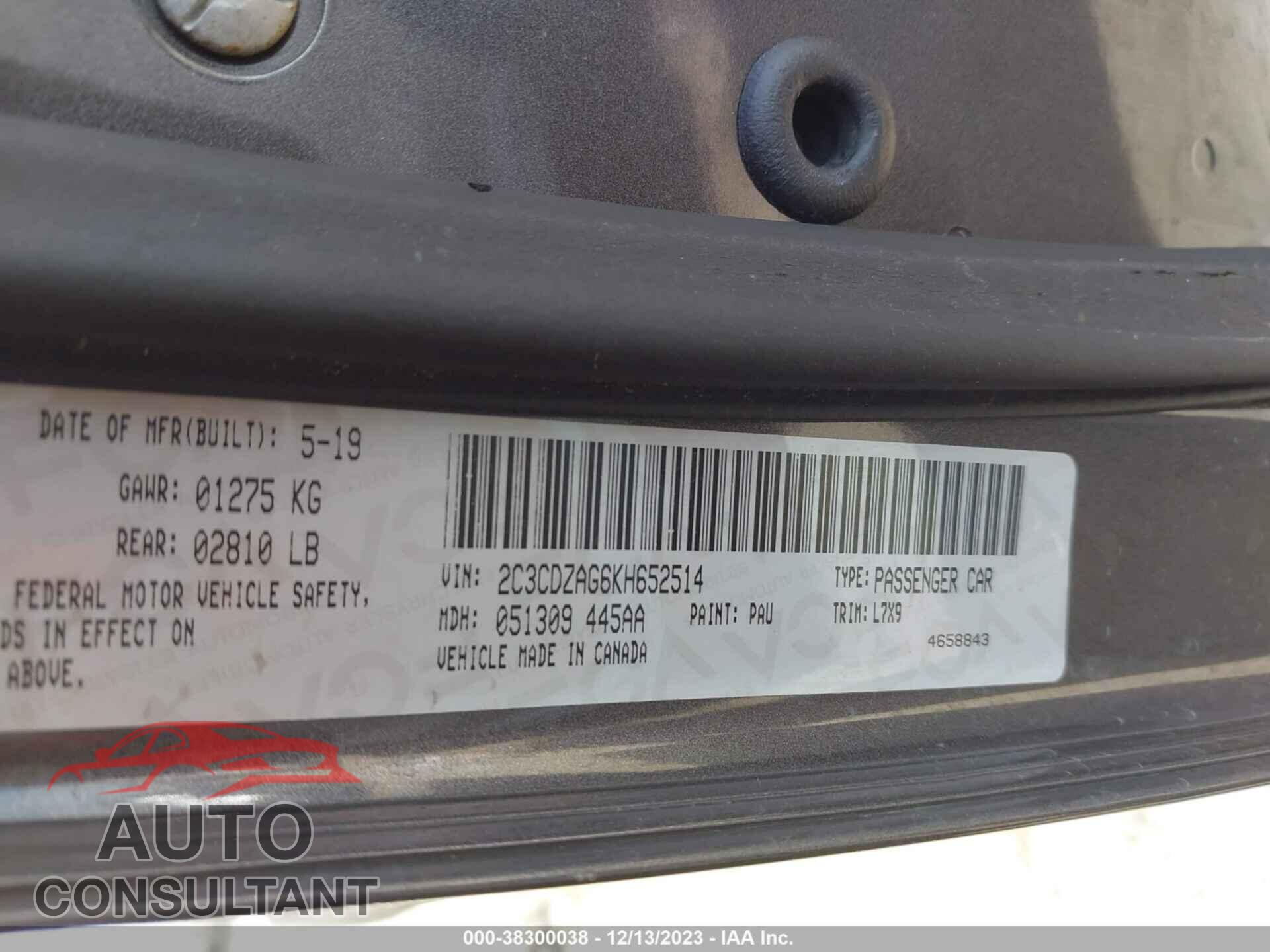 DODGE CHALLENGER 2019 - 2C3CDZAG6KH652514