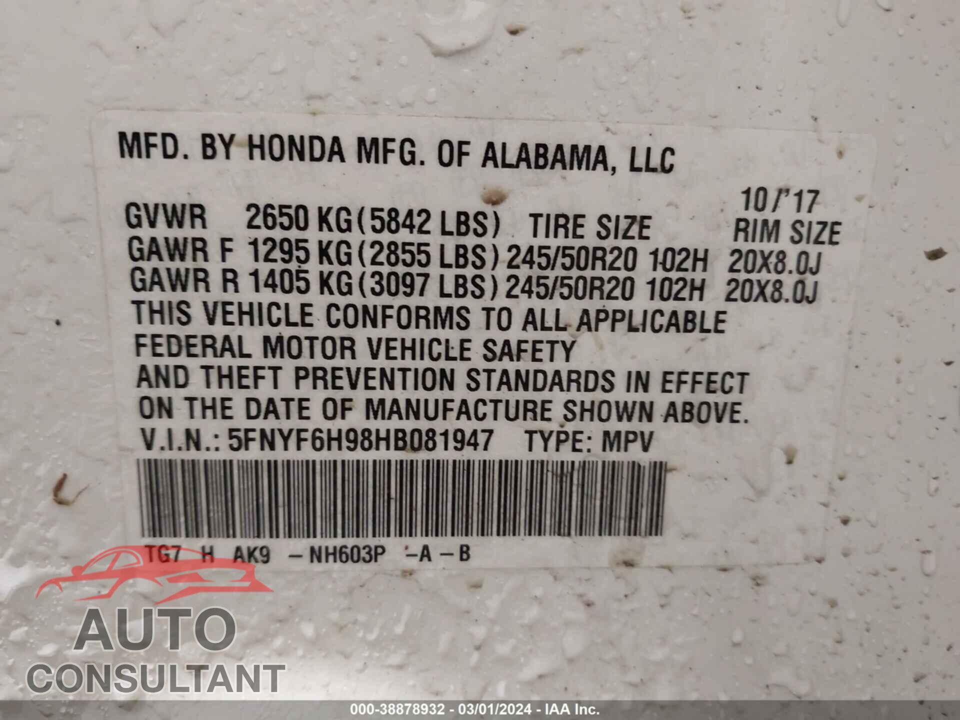 HONDA PILOT 2017 - 5FNYF6H98HB081947