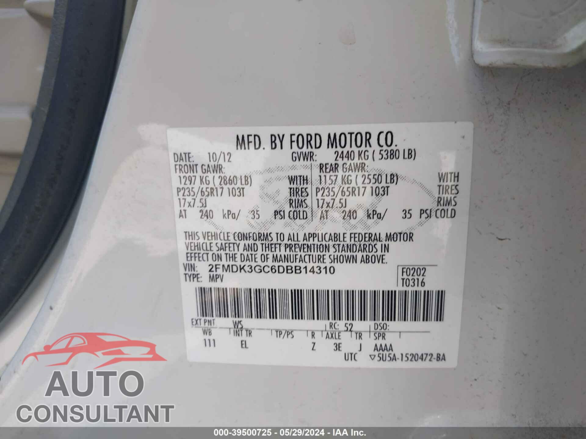 FORD EDGE 2013 - 2FMDK3GC6DBB14310