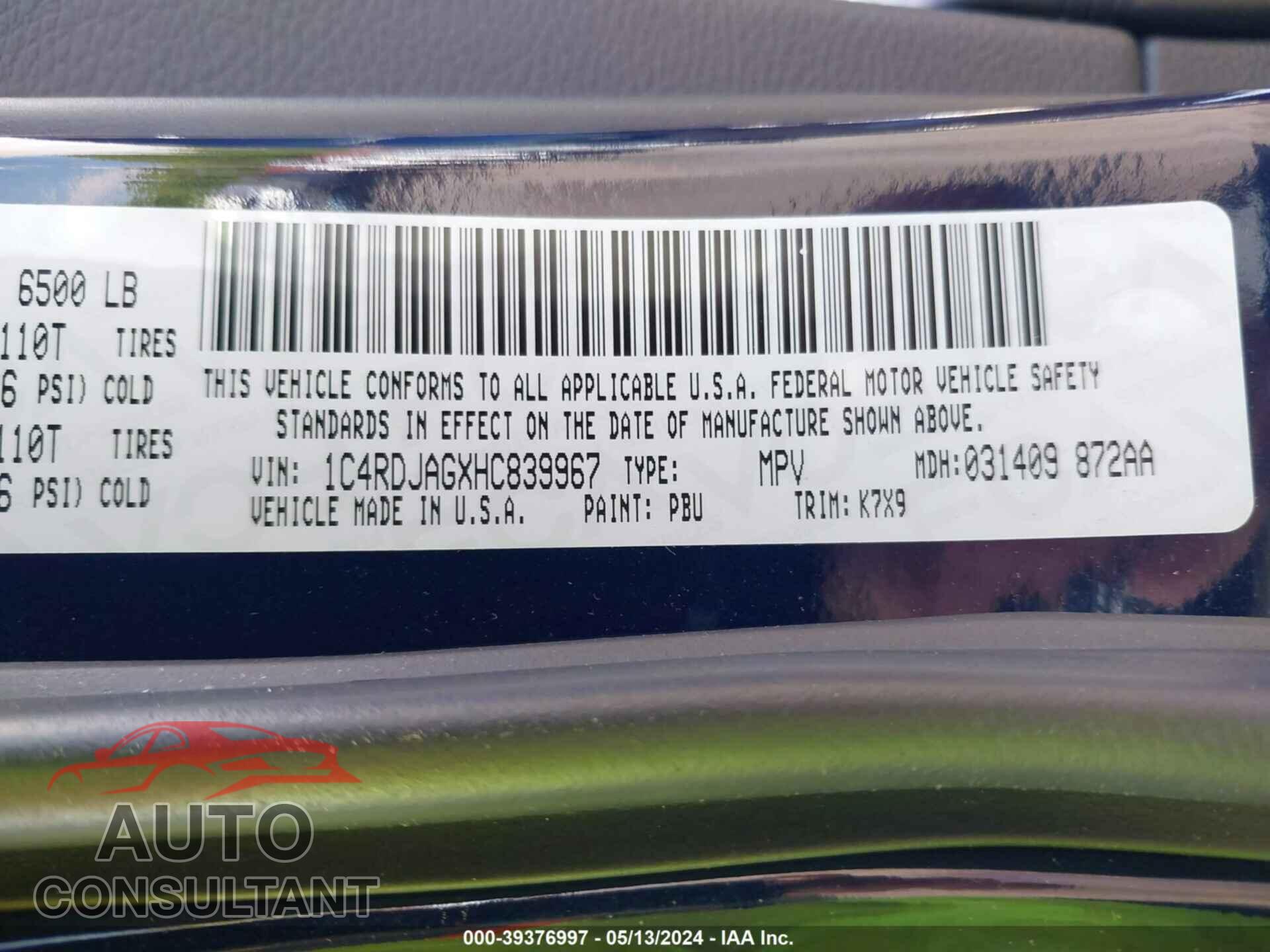 DODGE DURANGO 2017 - 1C4RDJAGXHC839967