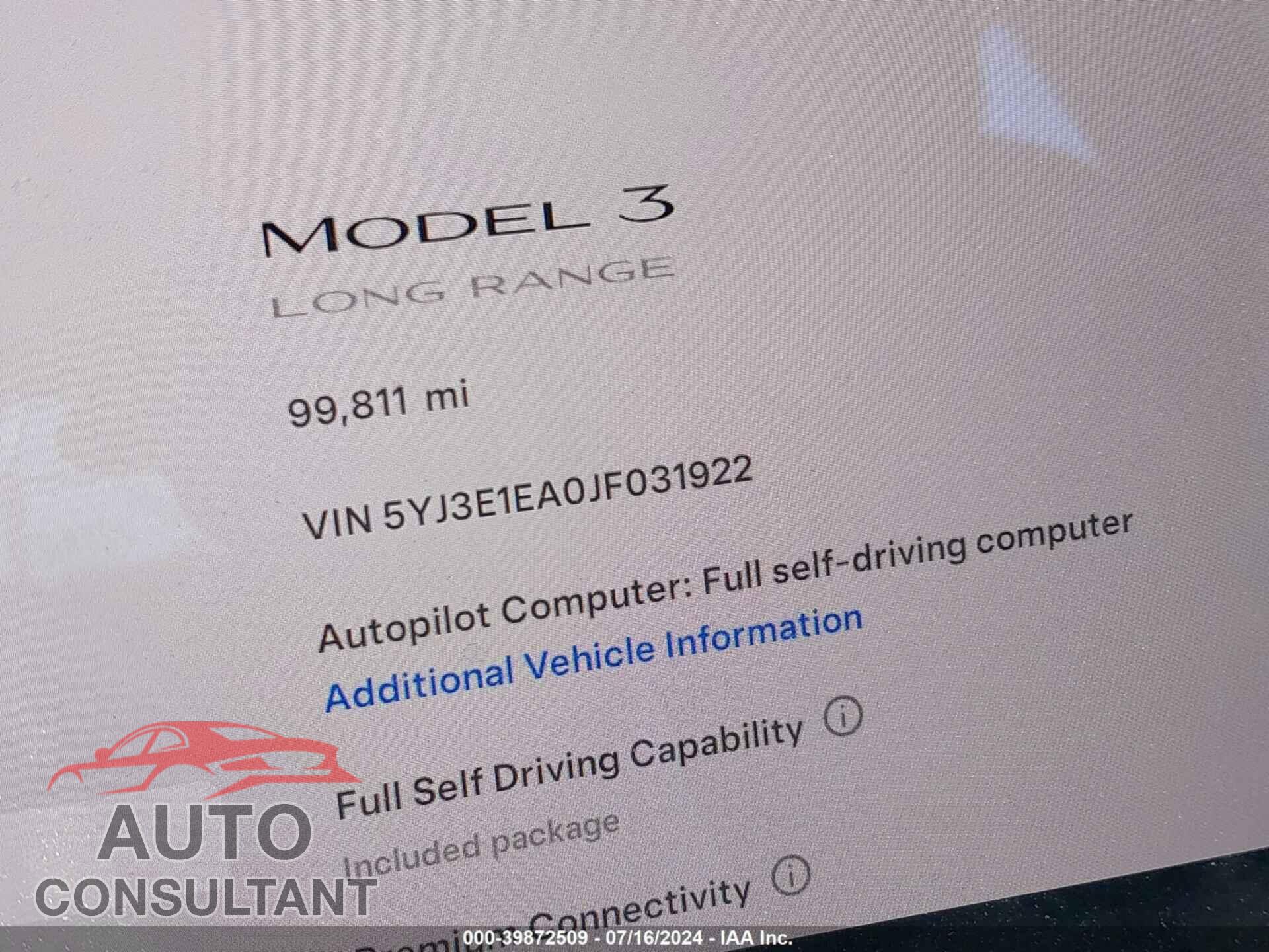 TESLA MODEL 3 2018 - 5YJ3E1EA0JF031922