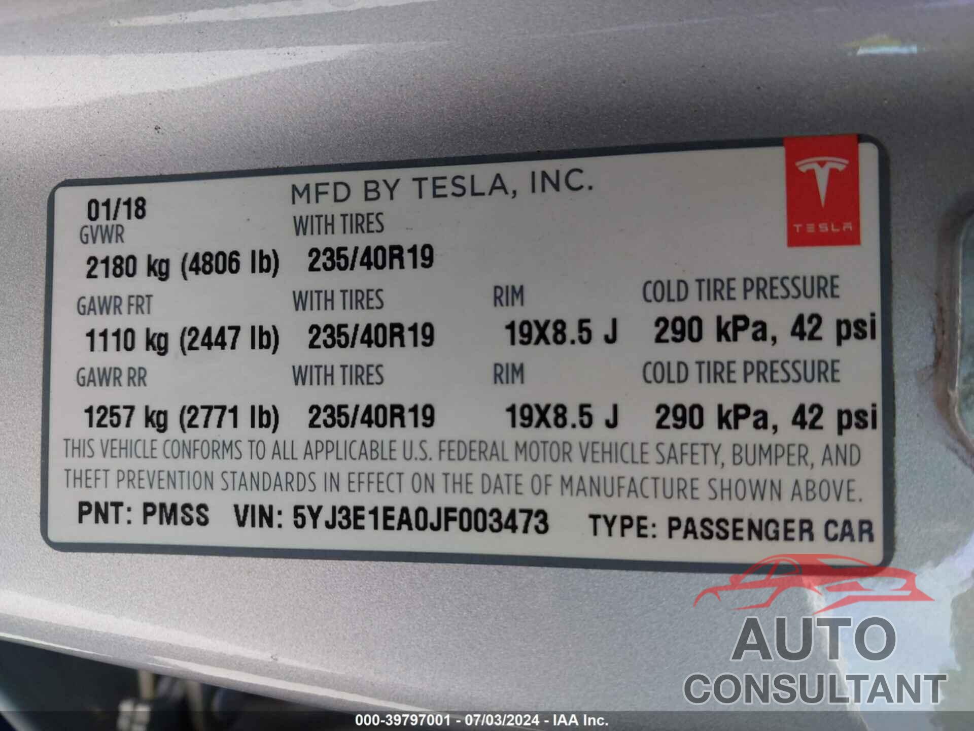TESLA MODEL 3 2018 - 5YJ3E1EA0JF003473