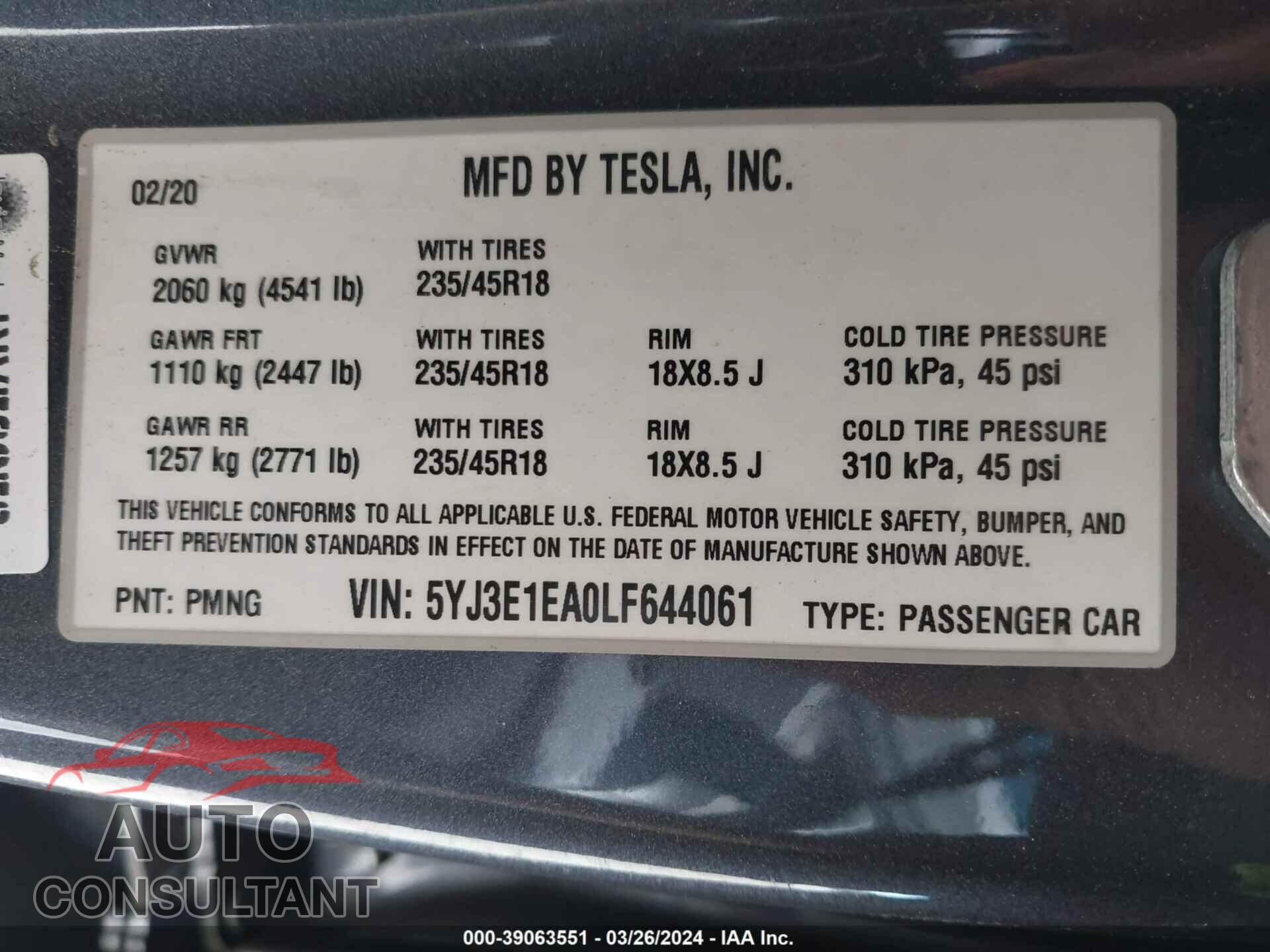 TESLA MODEL 3 2020 - 5YJ3E1EA0LF644061
