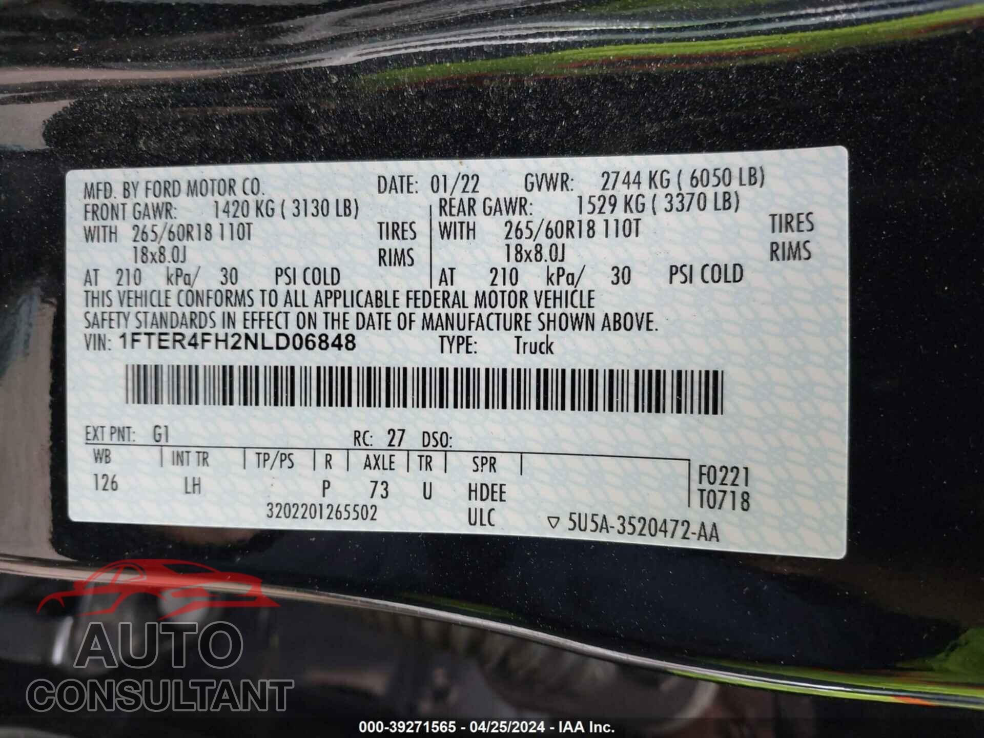 FORD RANGER 2022 - 1FTER4FH2NLD06848