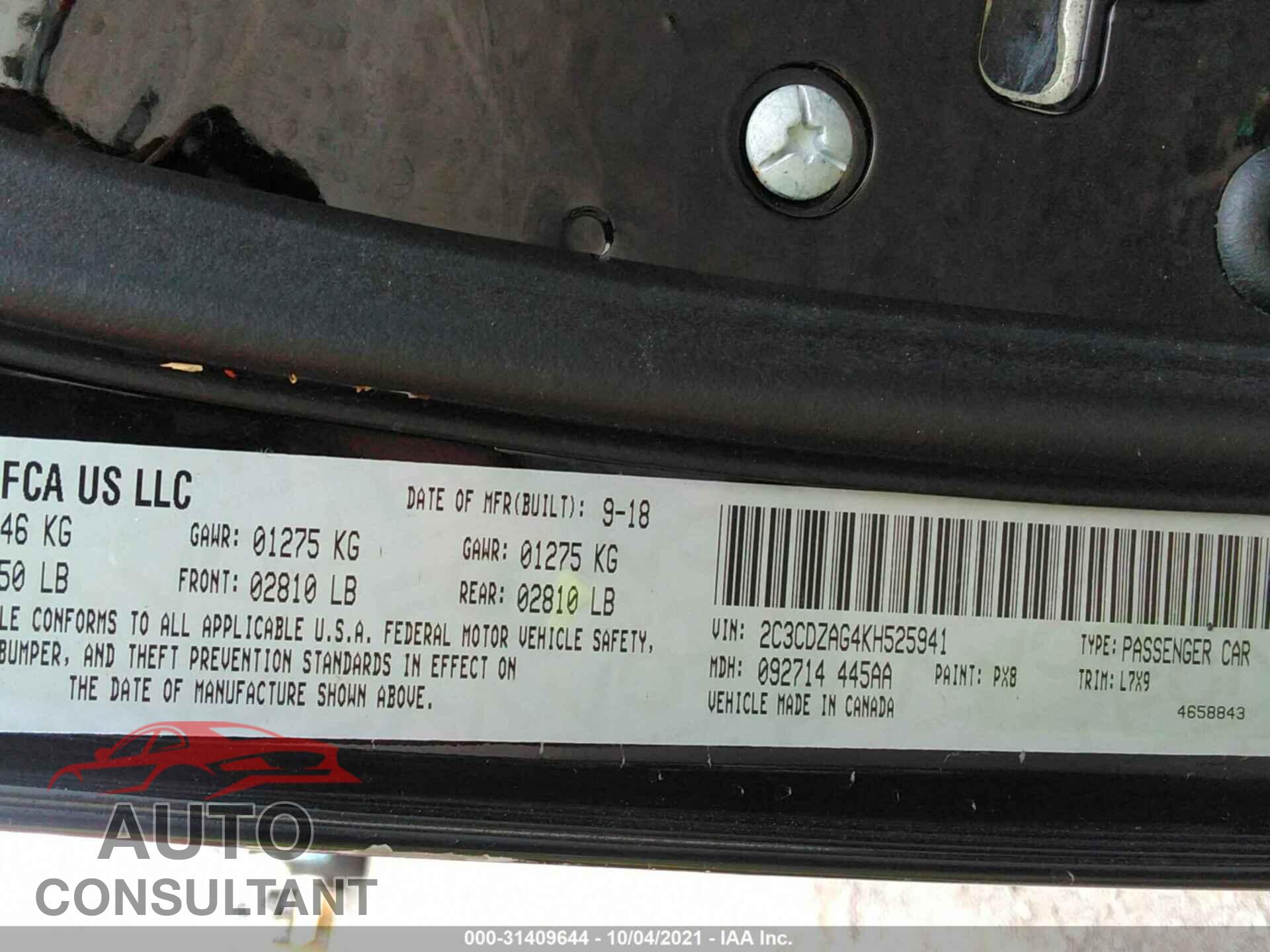 DODGE CHALLENGER 2019 - 2C3CDZAG4KH525941