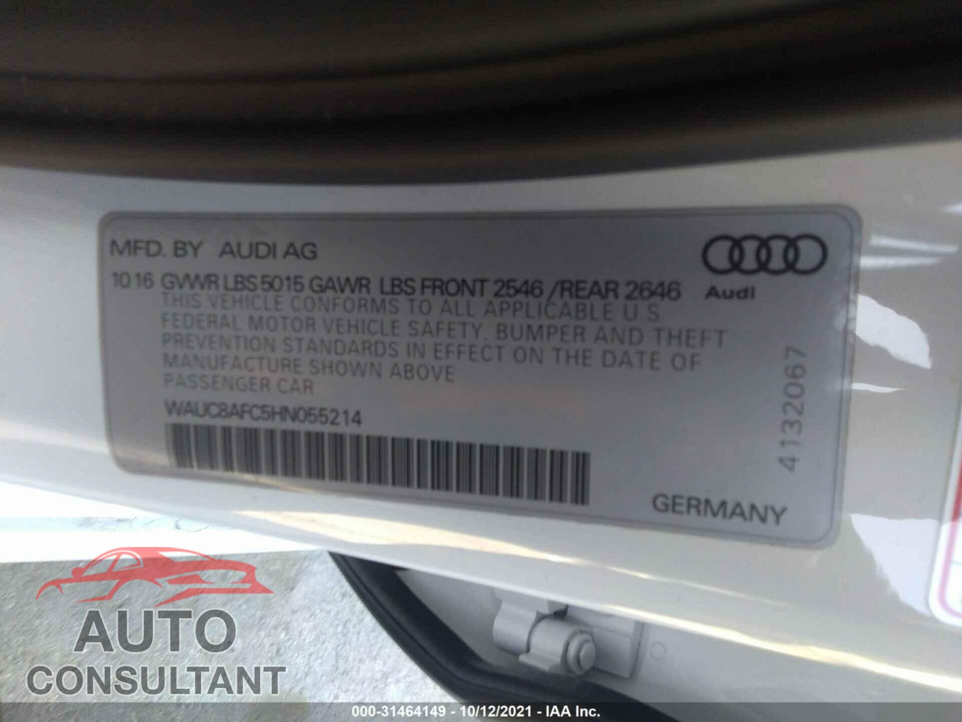 AUDI A6 2017 - WAUC8AFC5HN055214