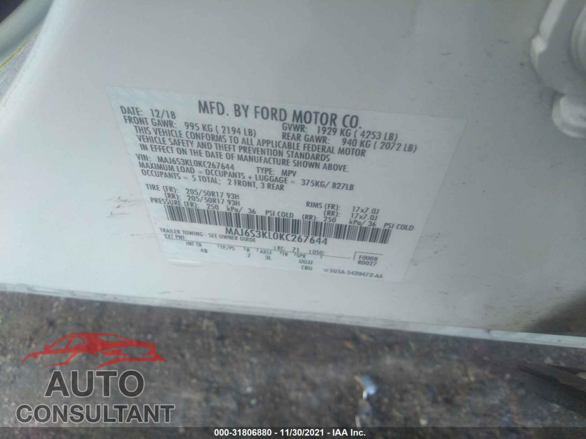 FORD ECOSPORT 2019 - MAJ6S3KL0KC267644