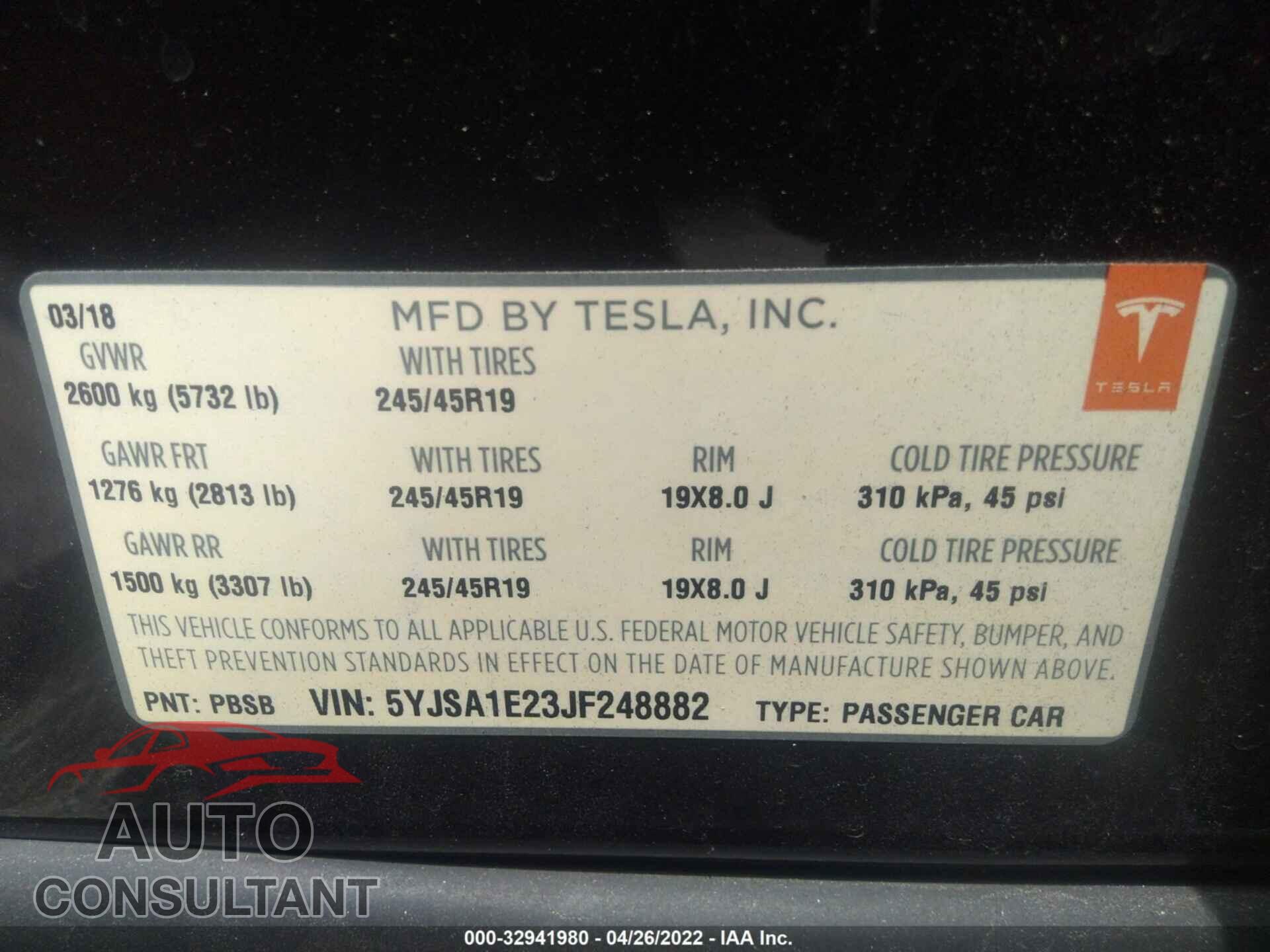 TESLA MODEL S 2018 - 5YJSA1E23JF248882