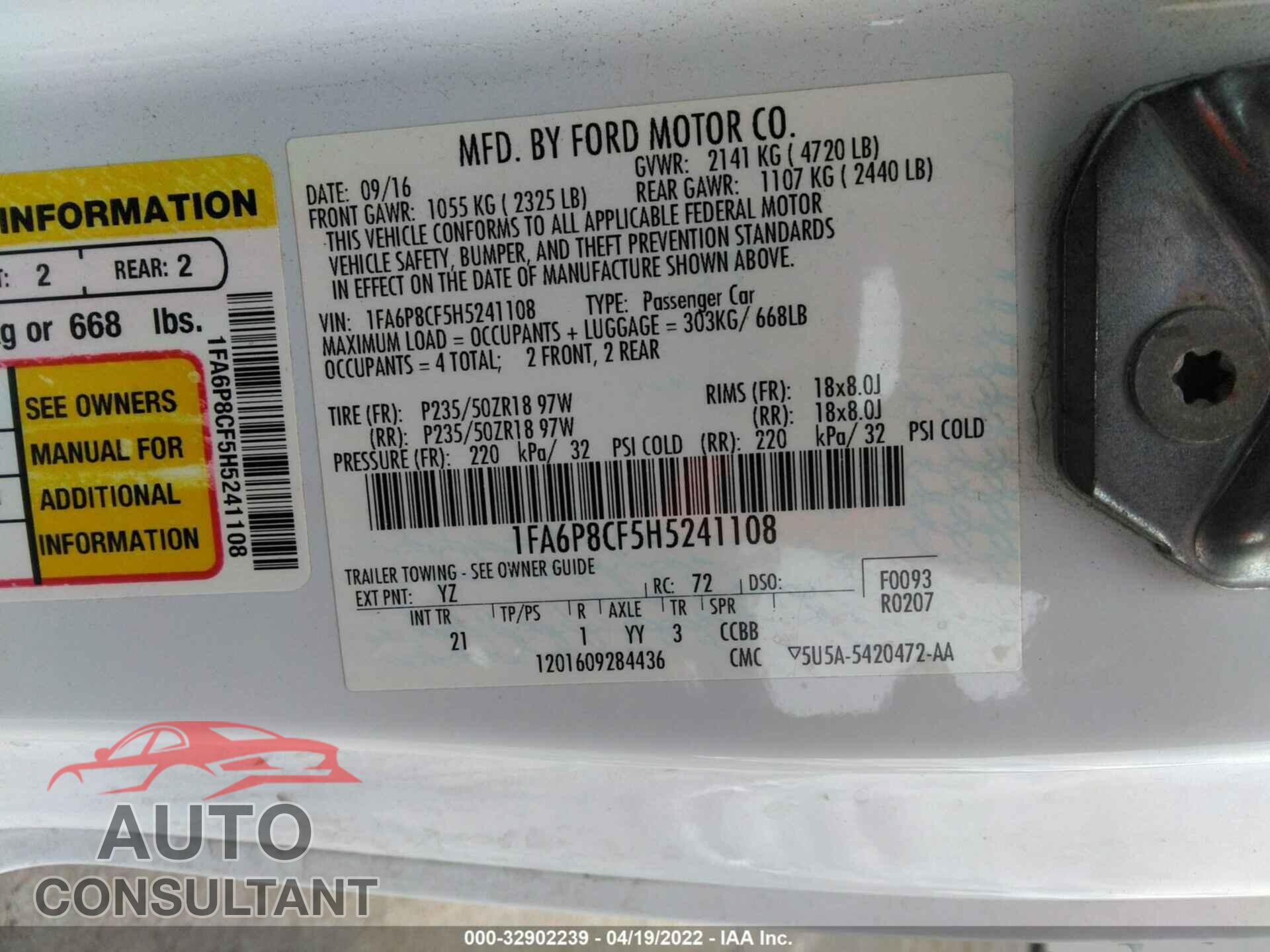FORD MUSTANG 2017 - 1FA6P8CF5H5241108