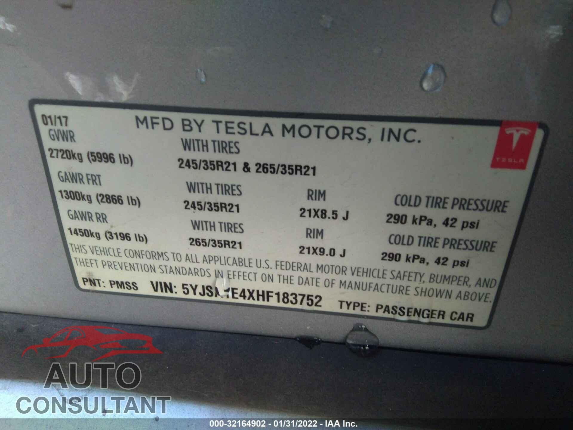 TESLA MODEL S 2017 - 5YJSA1E4XHF183752