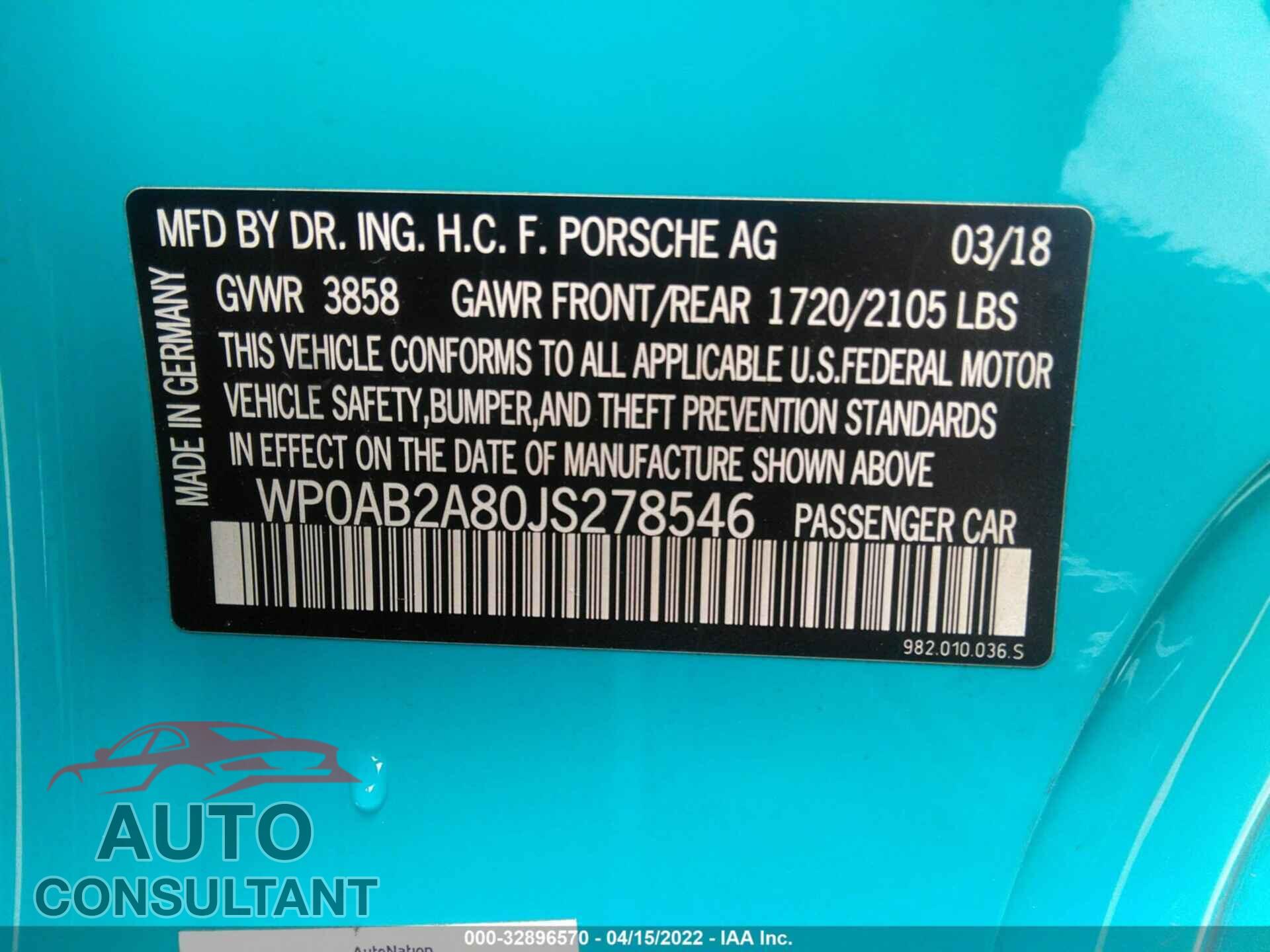 PORSCHE 718 CAYMAN 2018 - WP0AB2A80JS278546
