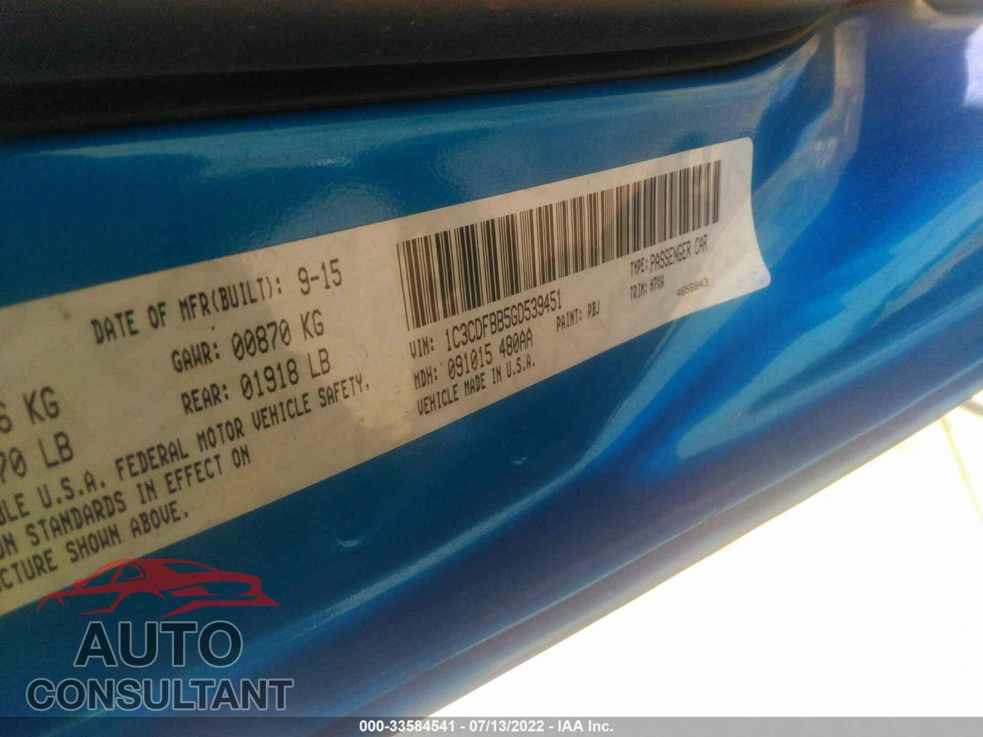 DODGE DART 2016 - 1C3CDFBB5GD539451