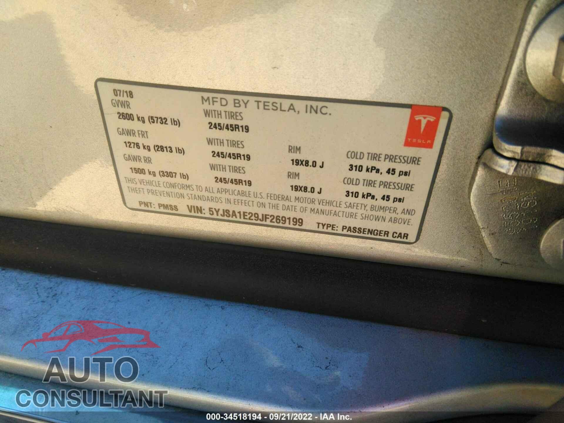 TESLA MODEL S 2018 - 5YJSA1E29JF269199