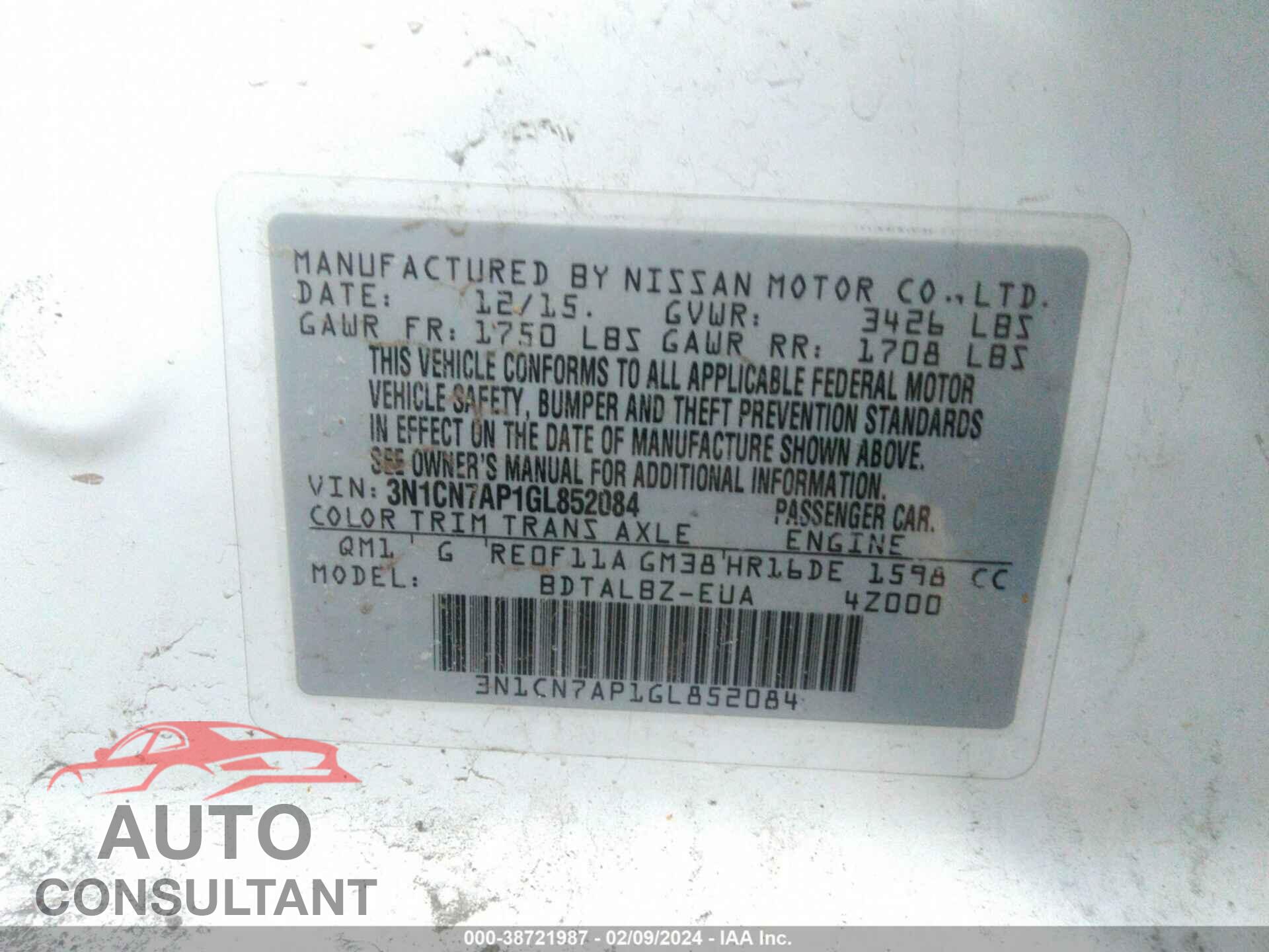 NISSAN VERSA 2016 - 3N1CN7AP1GL852084