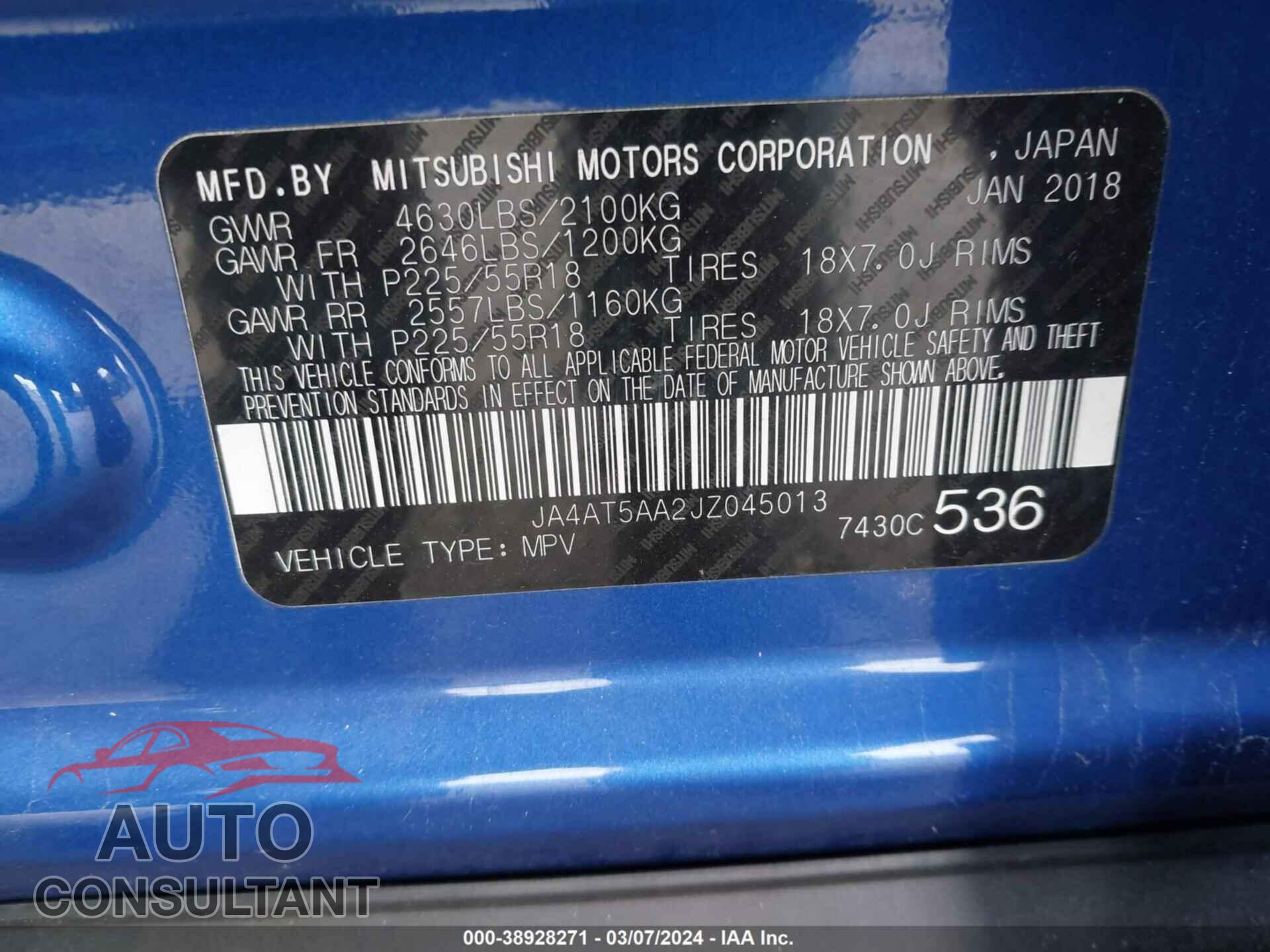 MITSUBISHI ECLIPSE CROSS 2018 - JA4AT5AA2JZ045013