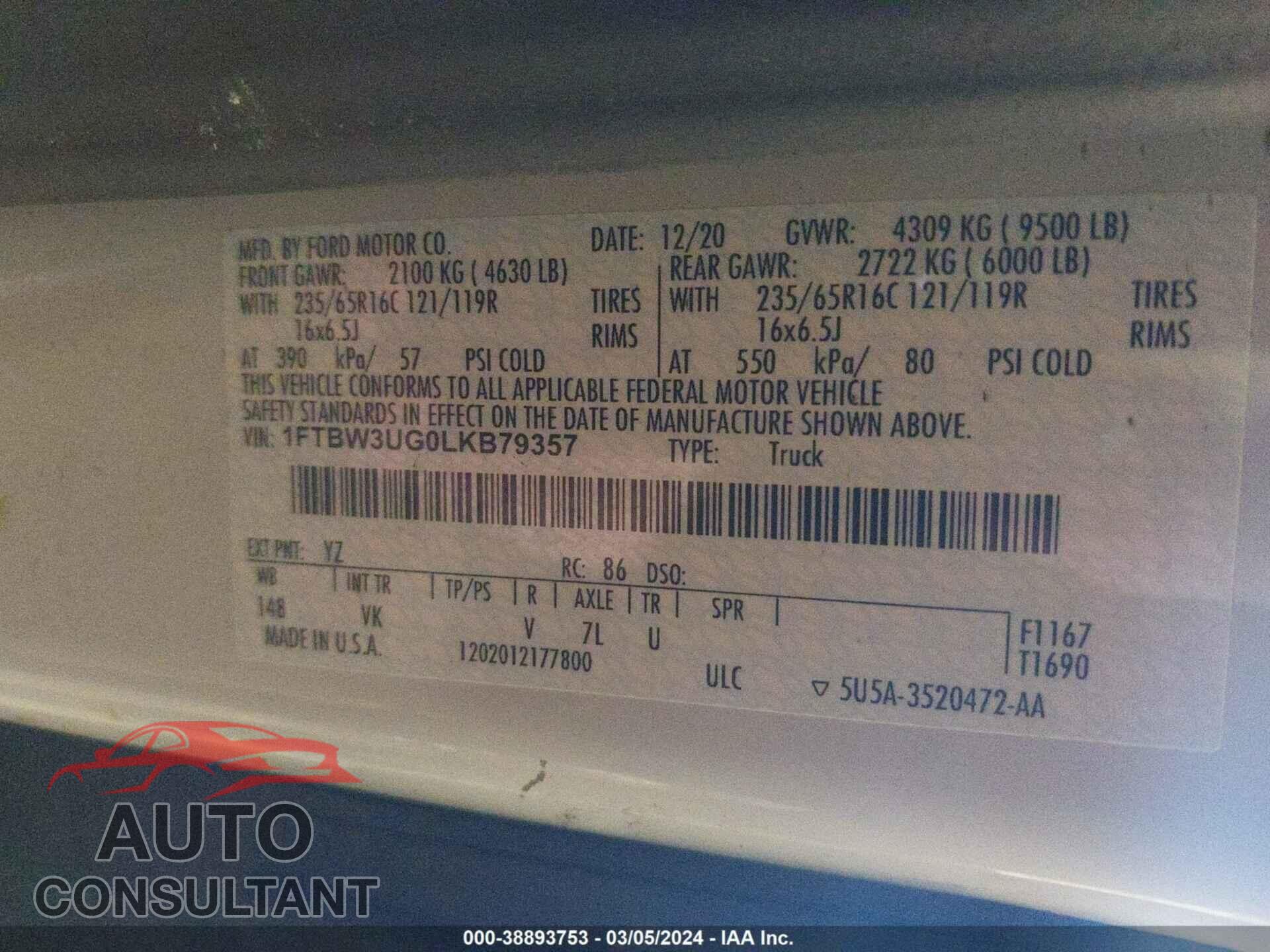 FORD TRANSIT-350 CARGO VAN 2020 - 1FTBW3UG0LKB79357