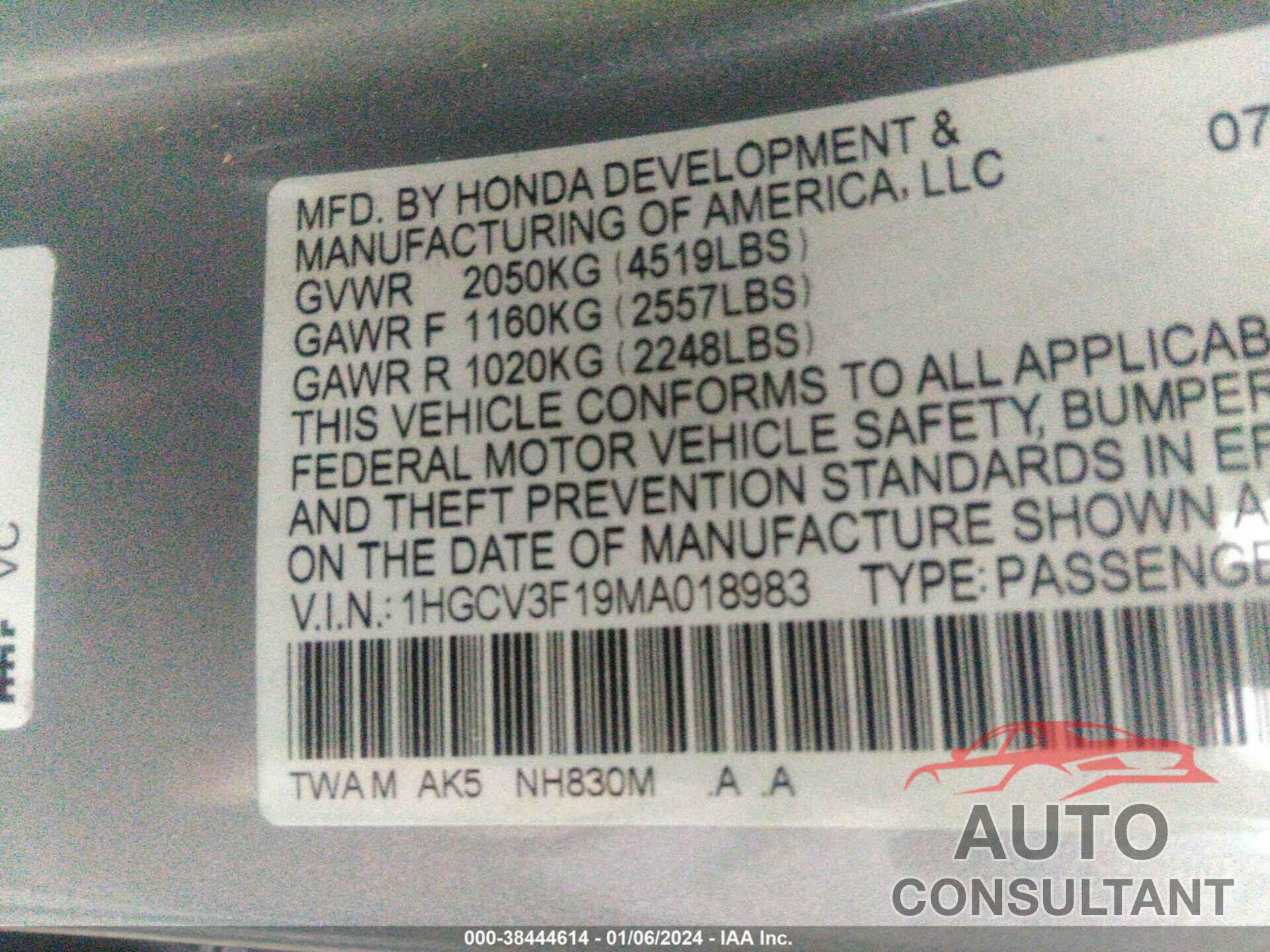 HONDA ACCORD 2021 - 1HGCV3F19MA018983