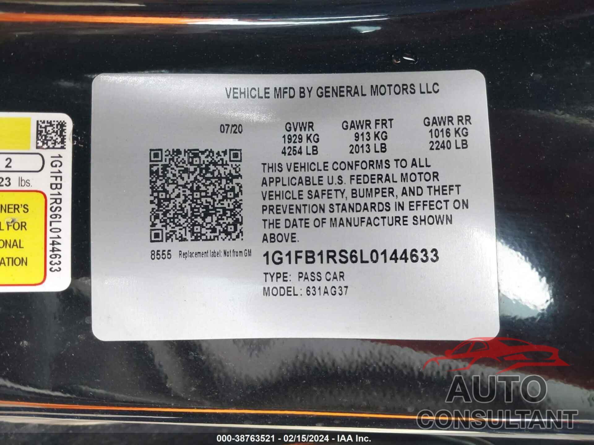 CHEVROLET CAMARO 2020 - 1G1FB1RS6L0144633