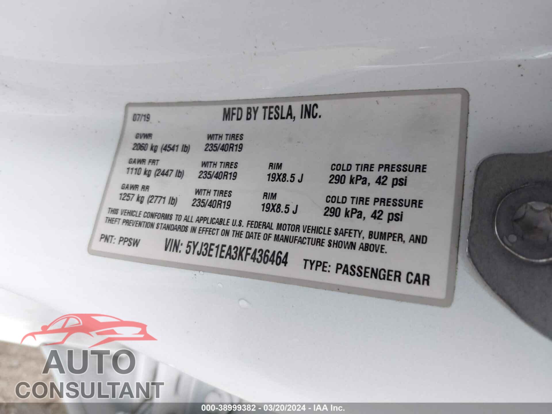 TESLA MODEL 3 2019 - 5YJ3E1EA3KF436464
