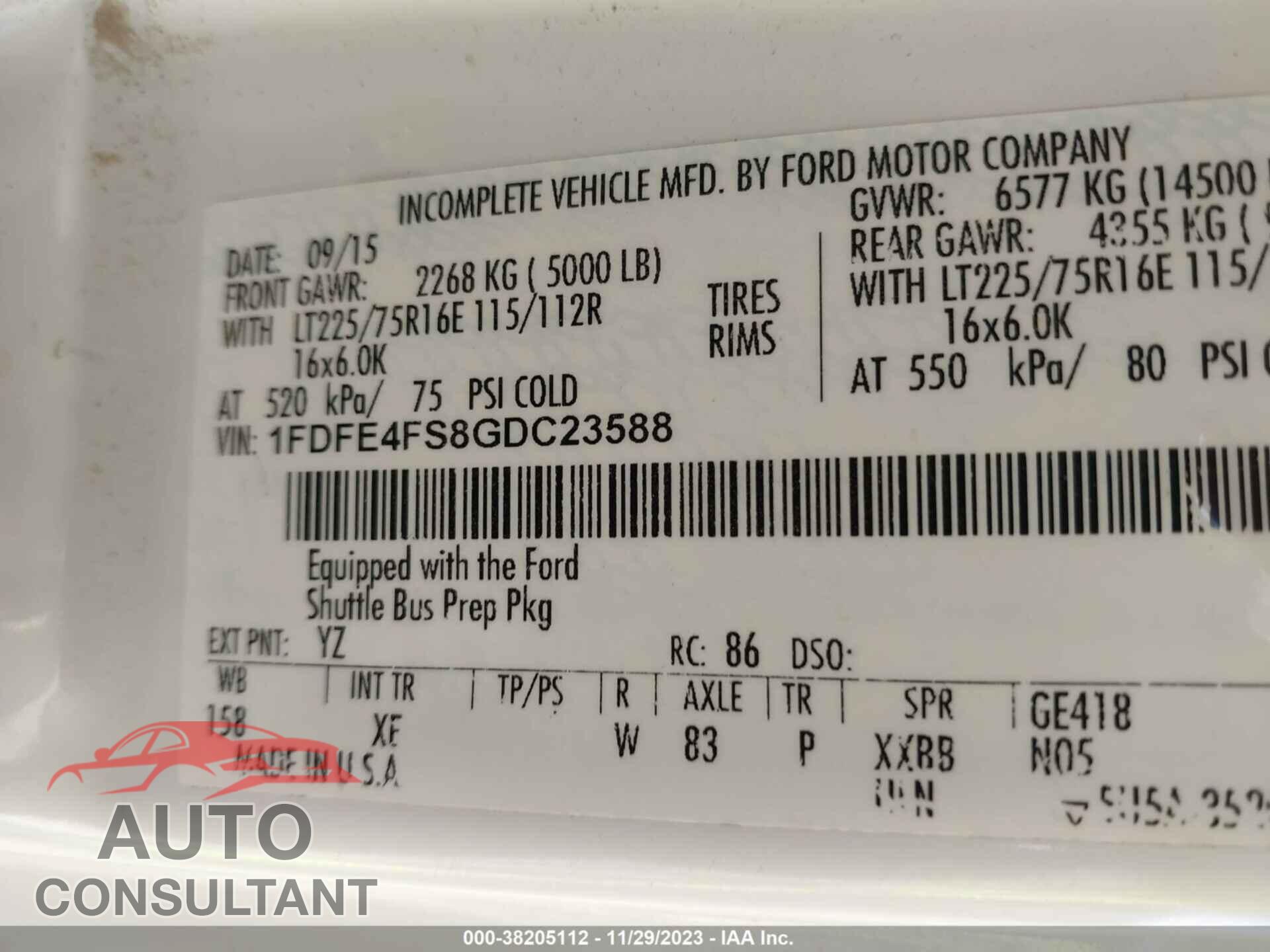 FORD E-450 CUTAWAY 2016 - 1FDFE4FS8GDC23588