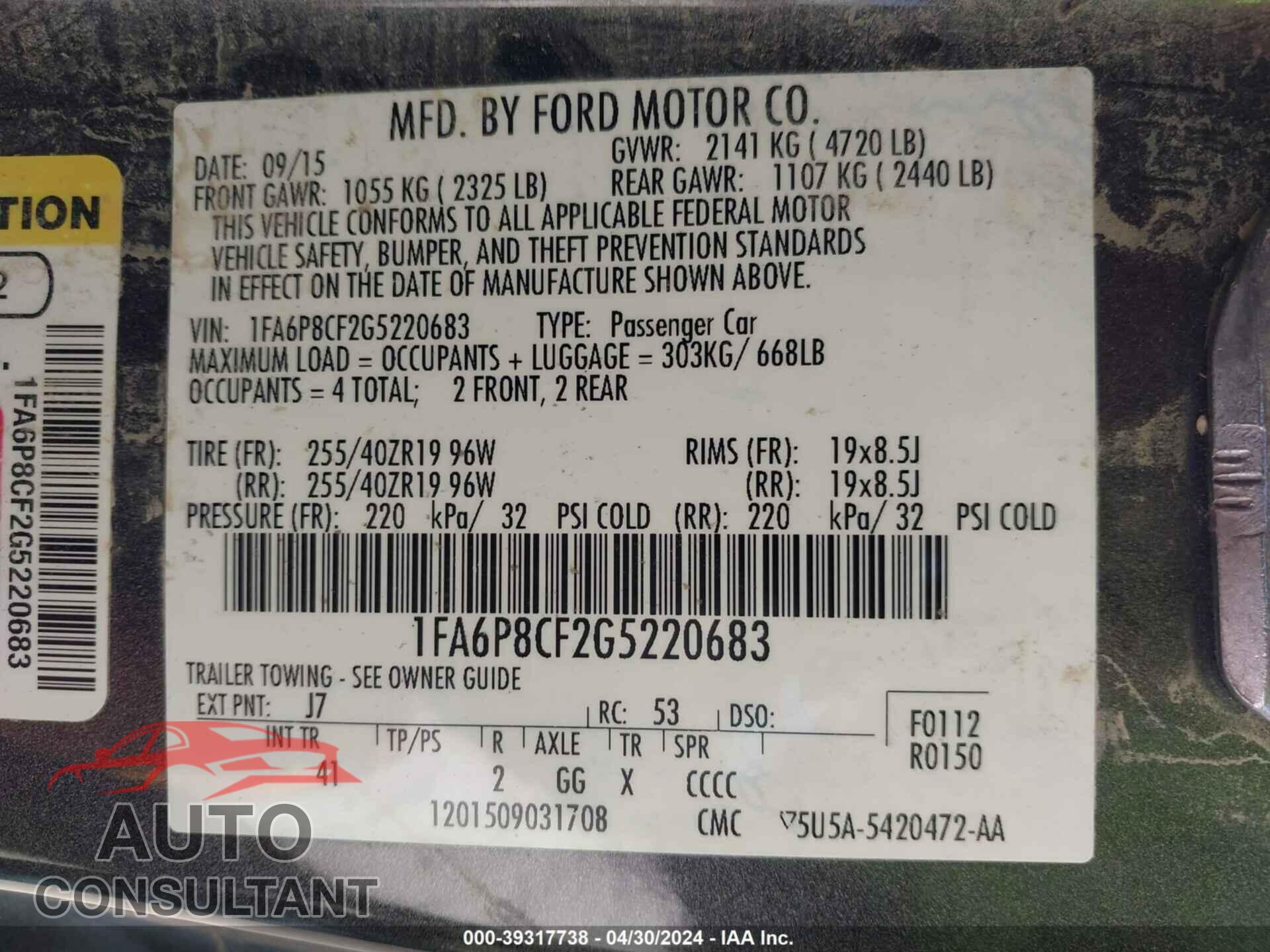 FORD MUSTANG 2016 - 1FA6P8CF2G5220683