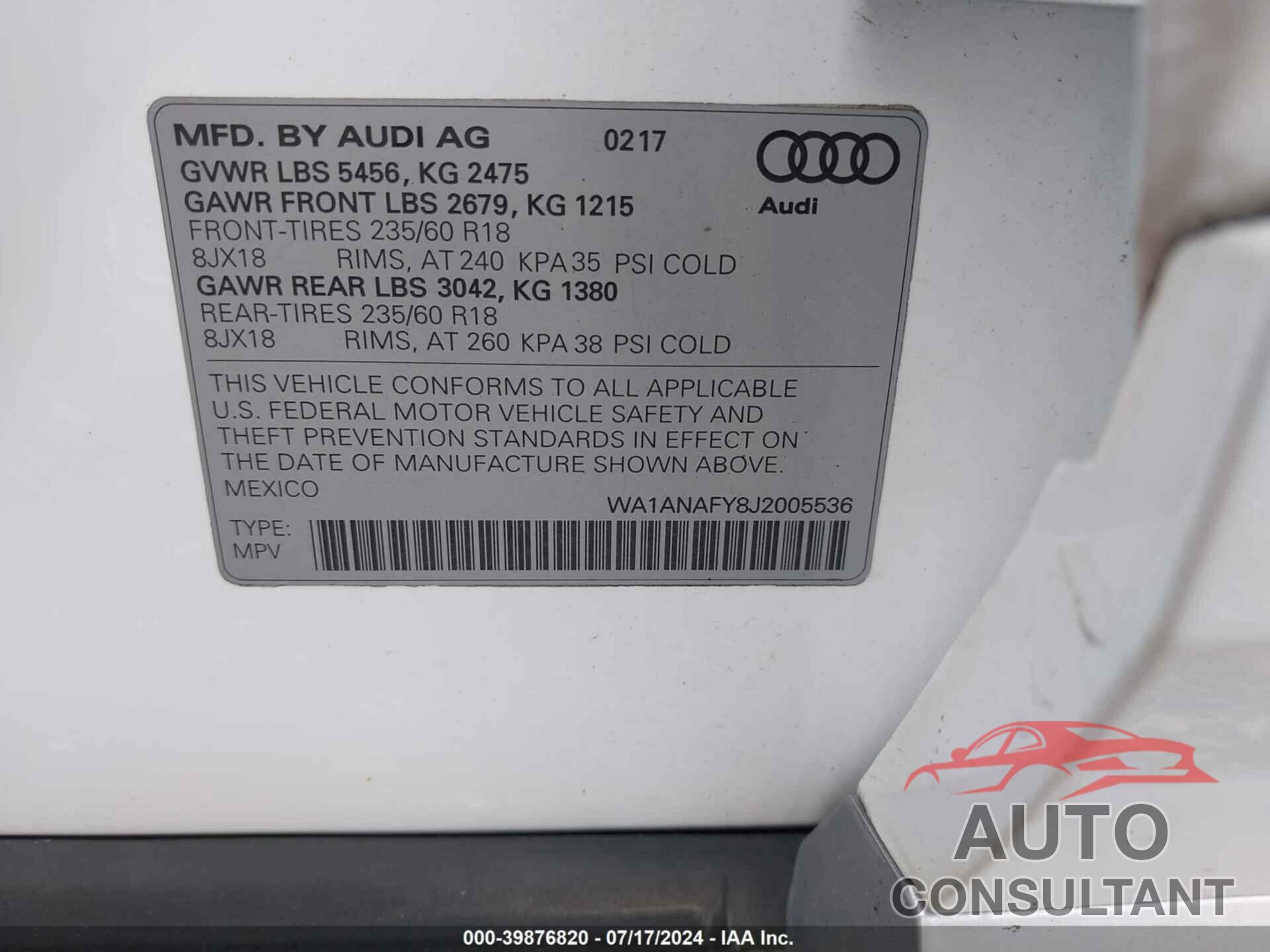 AUDI Q5 2018 - WA1ANAFY8J2005536