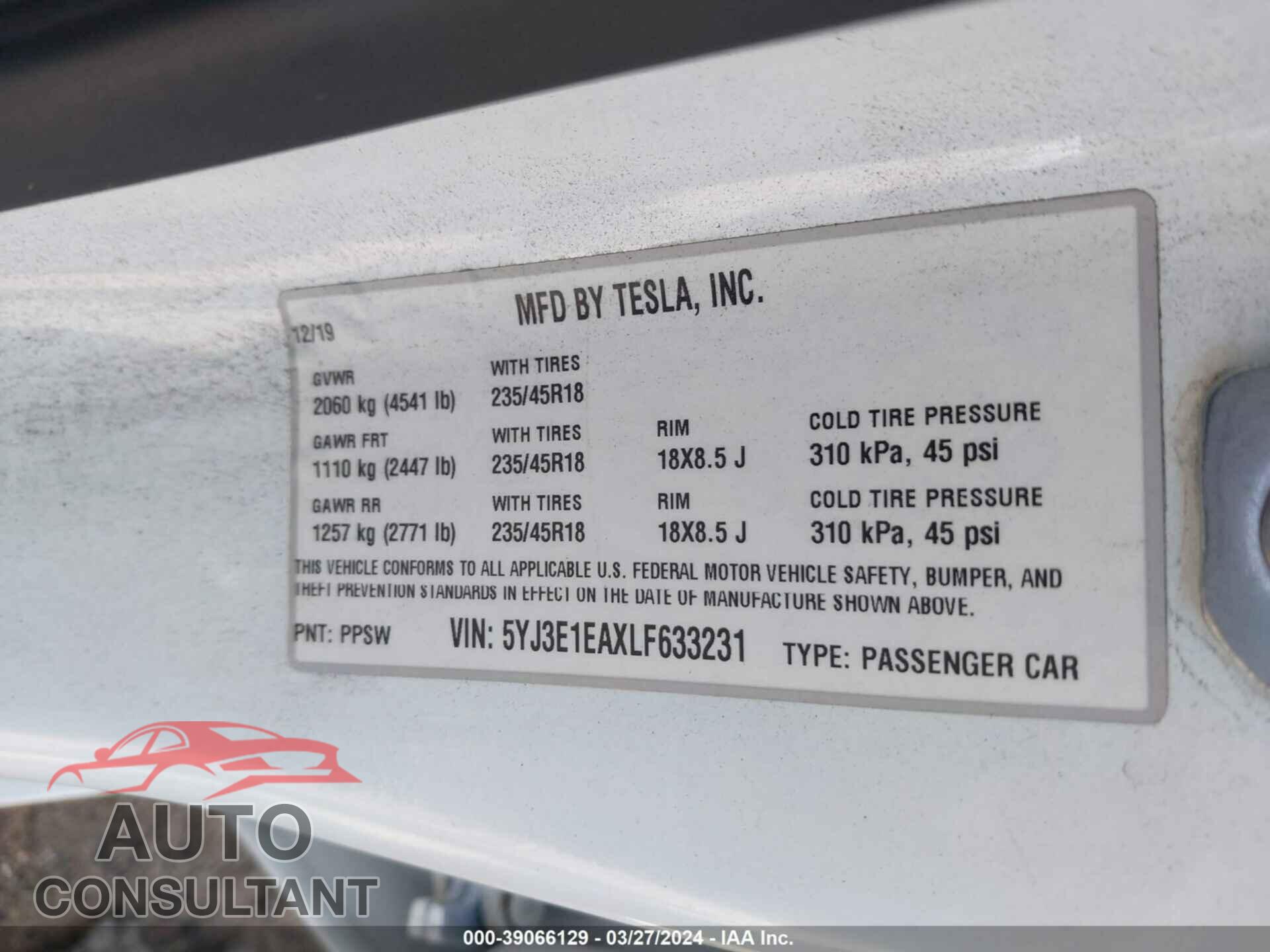 TESLA MODEL 3 2020 - 5YJ3E1EAXLF633231