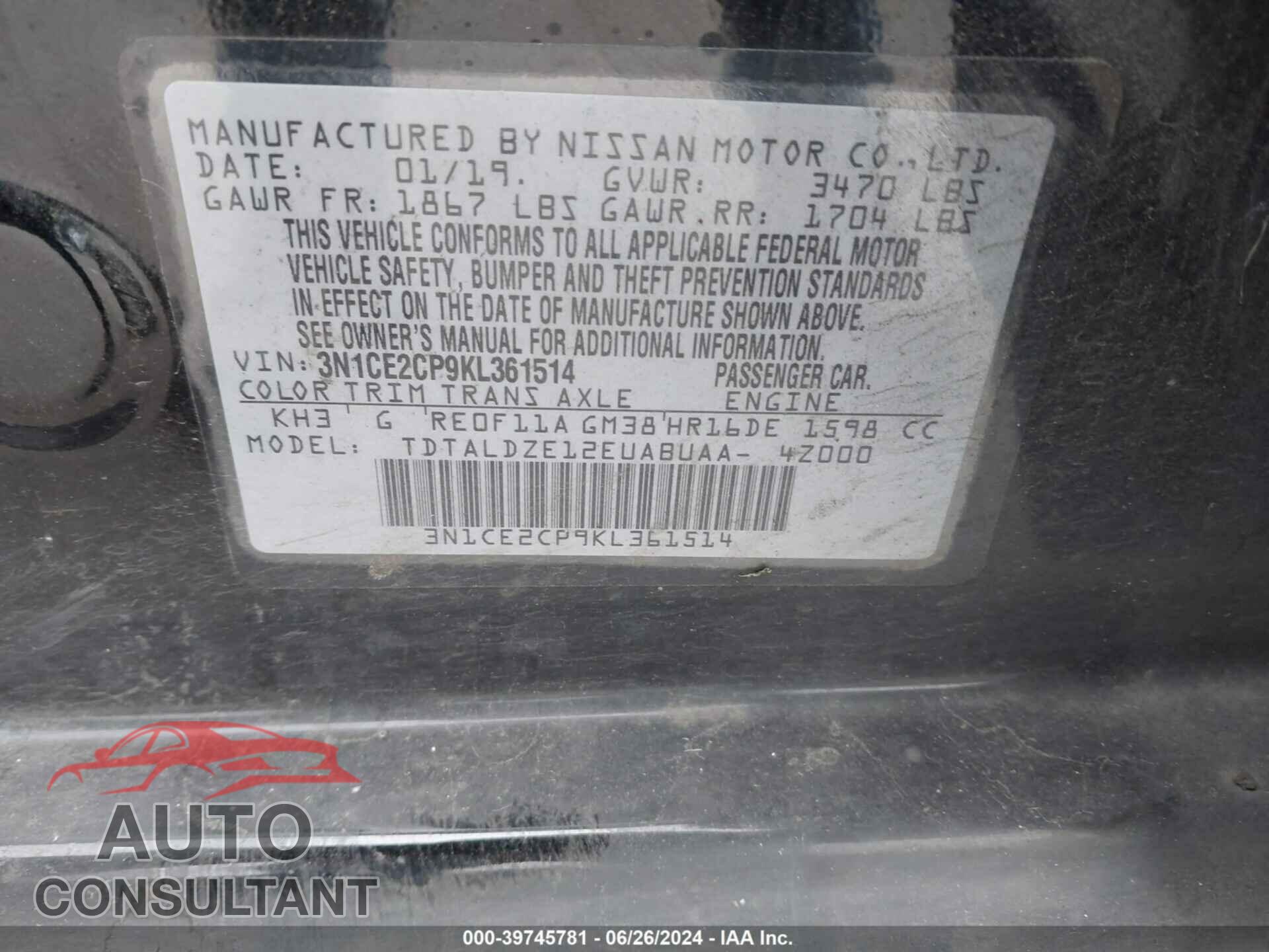 NISSAN VERSA NOTE 2019 - 3N1CE2CP9KL361514
