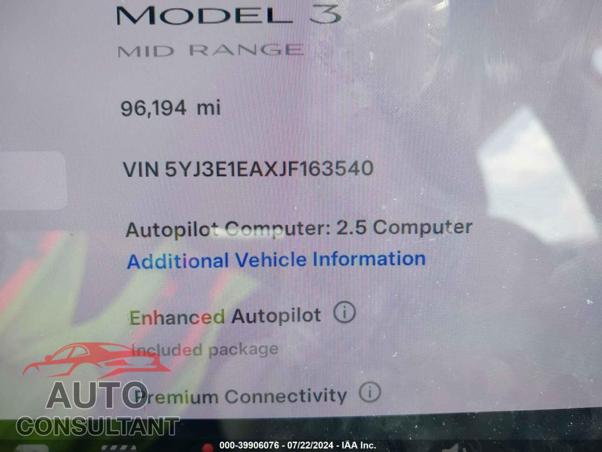 TESLA MODEL 3 2018 - 5YJ3E1EAXJF163540
