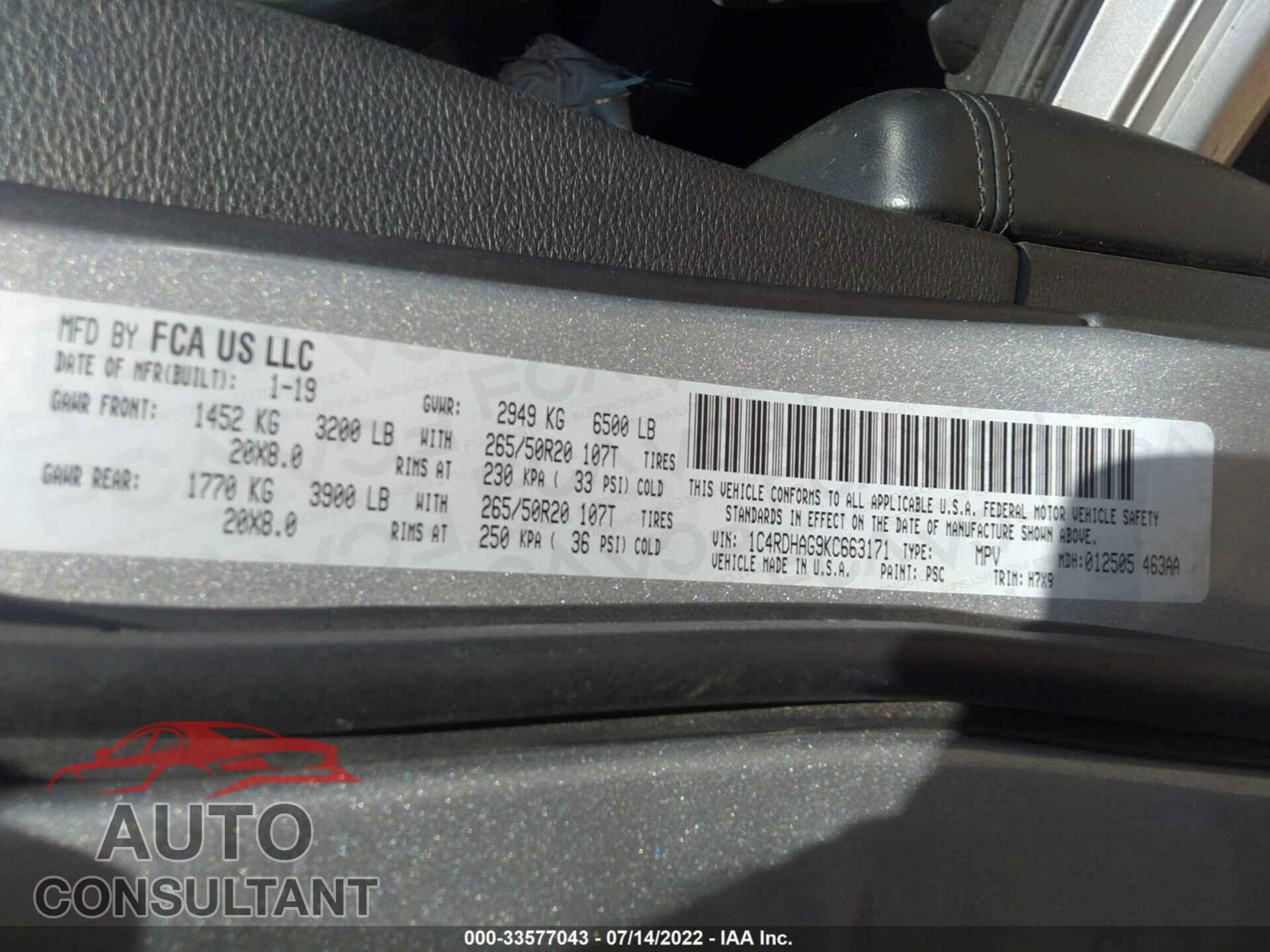 DODGE DURANGO 2019 - 1C4RDHAG9KC663171