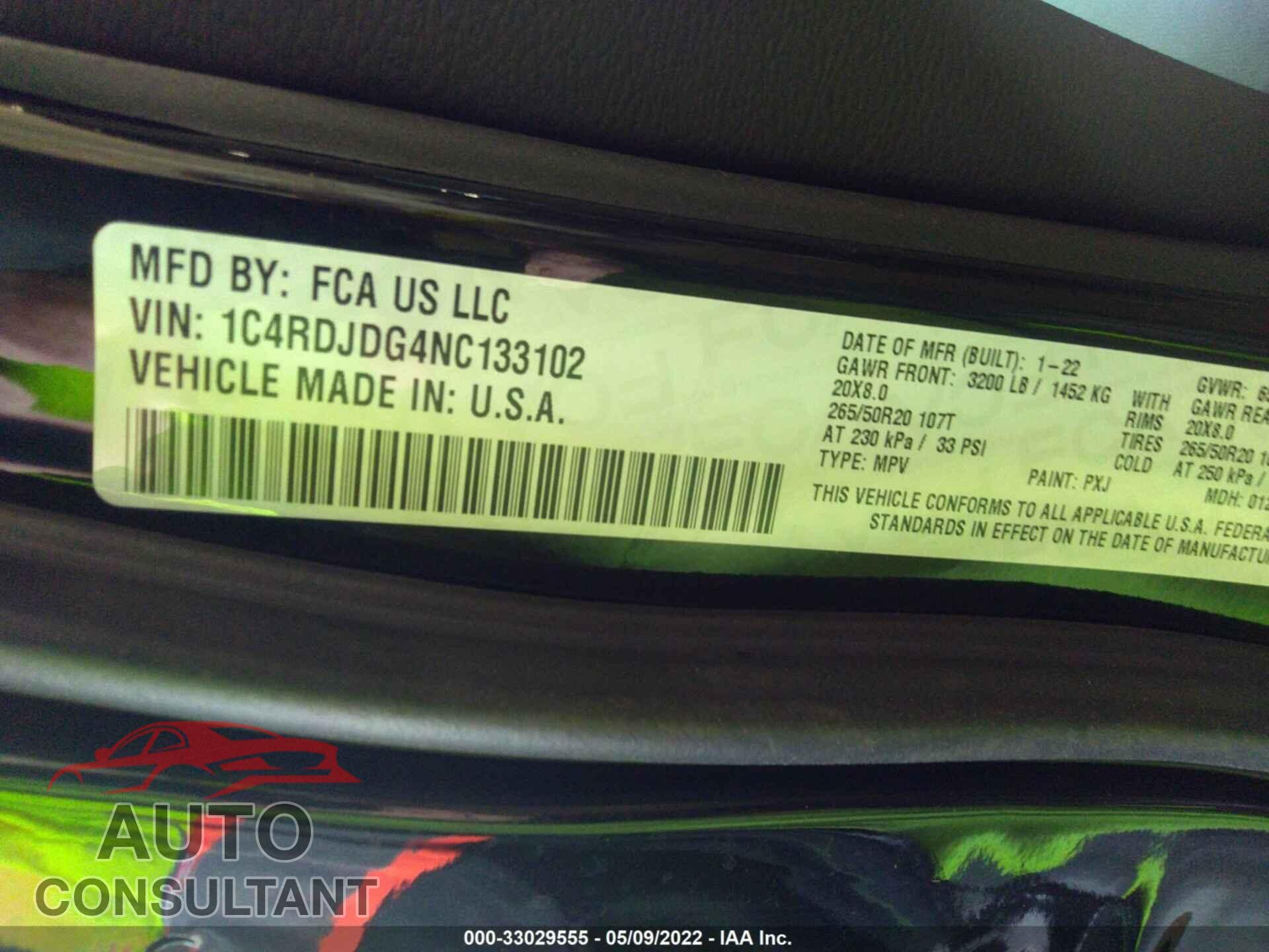 DODGE DURANGO 2022 - 1C4RDJDG4NC133102