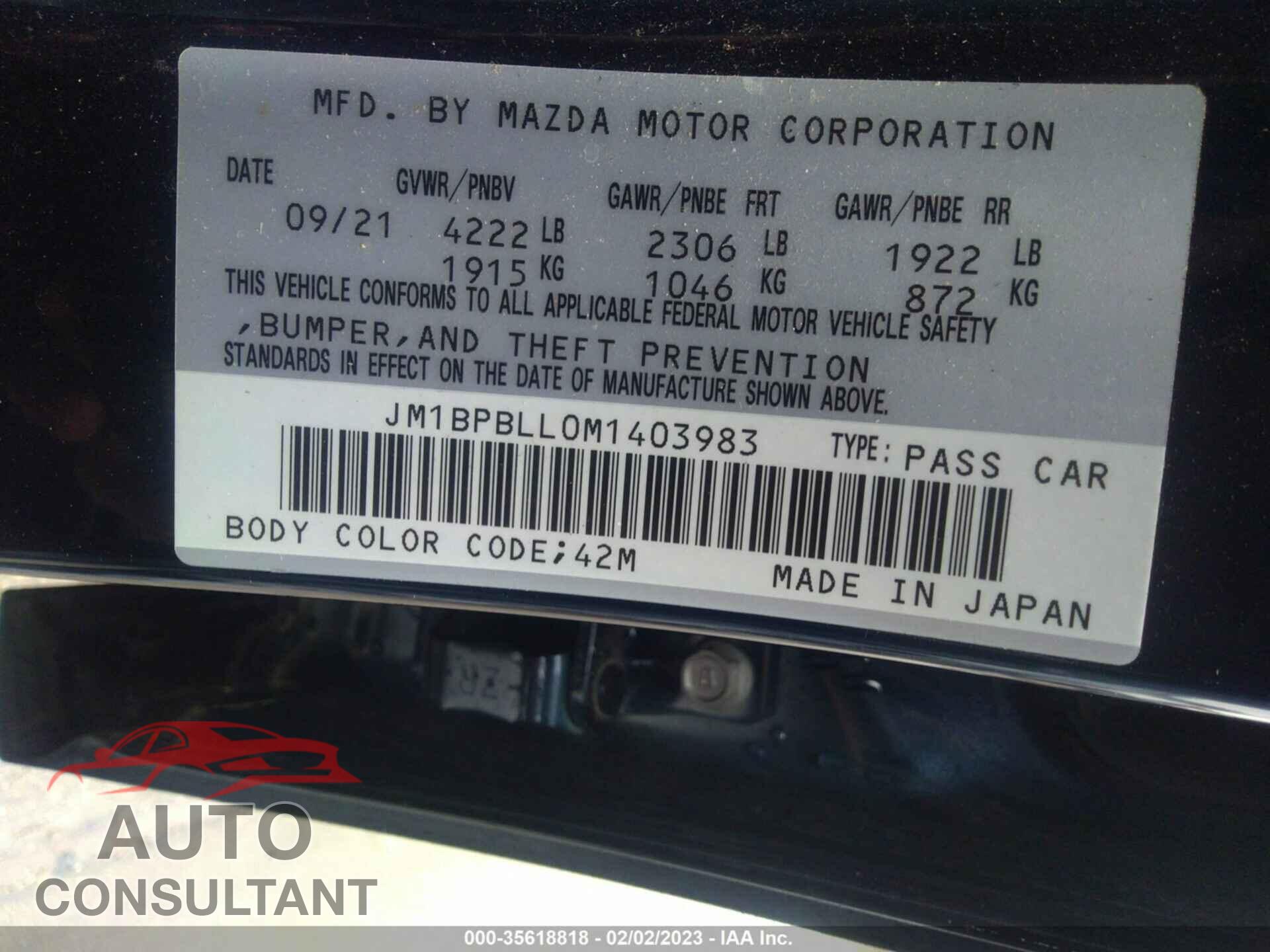 MAZDA MAZDA3 HATCHBACK 2021 - JM1BPBLL0M1403983