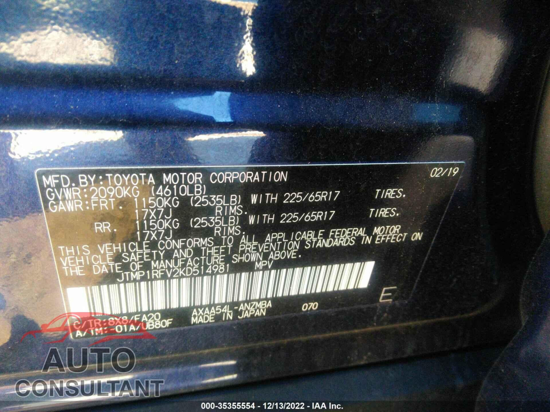 TOYOTA RAV4 2019 - JTMP1RFV2KD514981