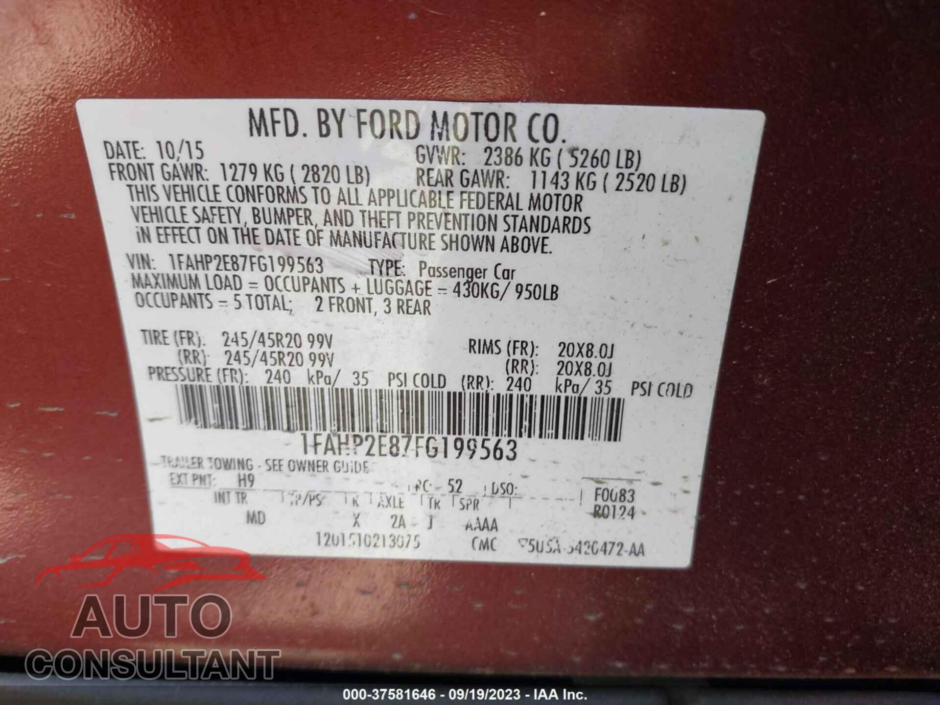 FORD TAURUS 2015 - 1FAHP2E87FG199563
