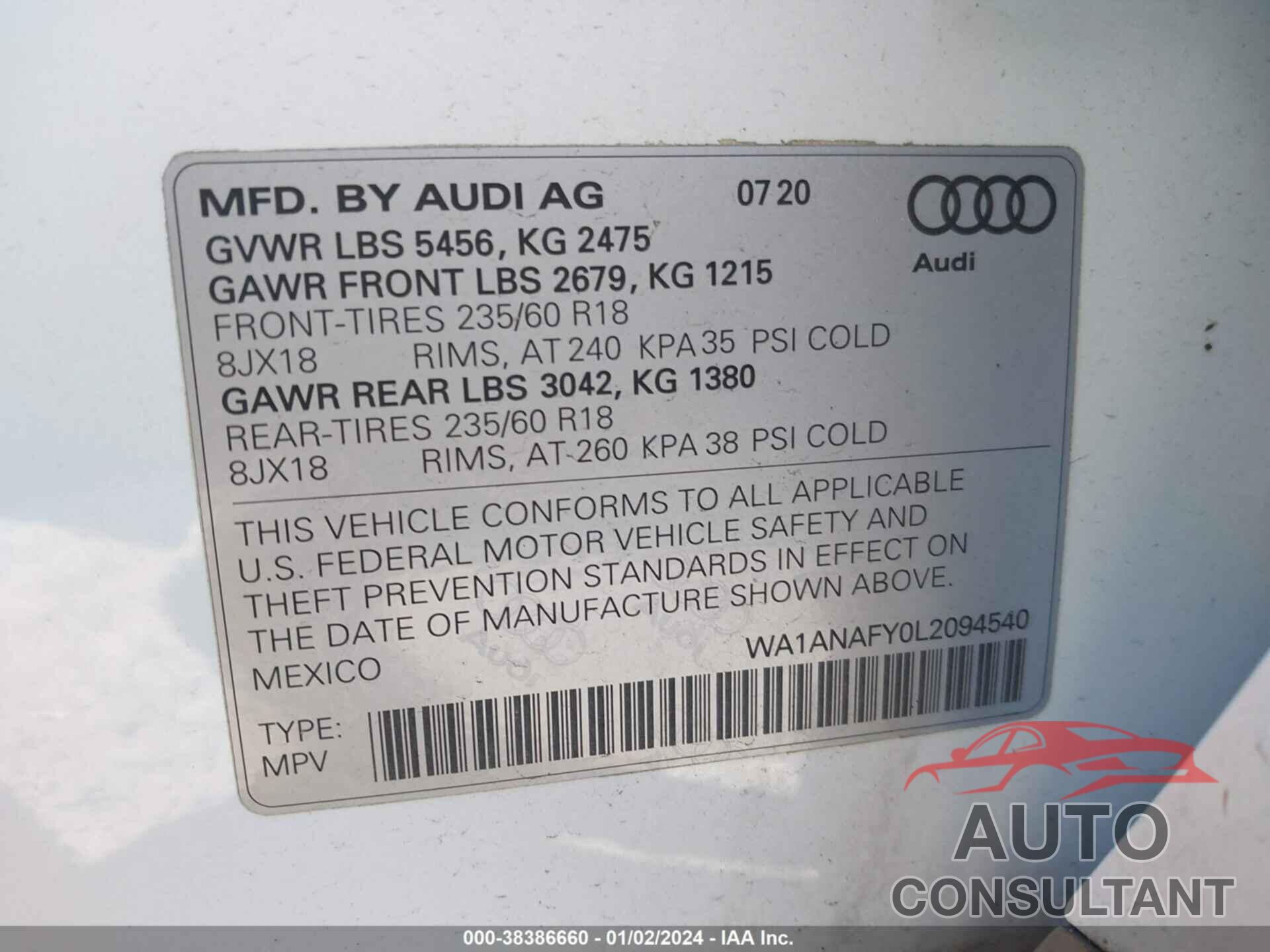 AUDI Q5 2020 - WA1ANAFY0L2094540