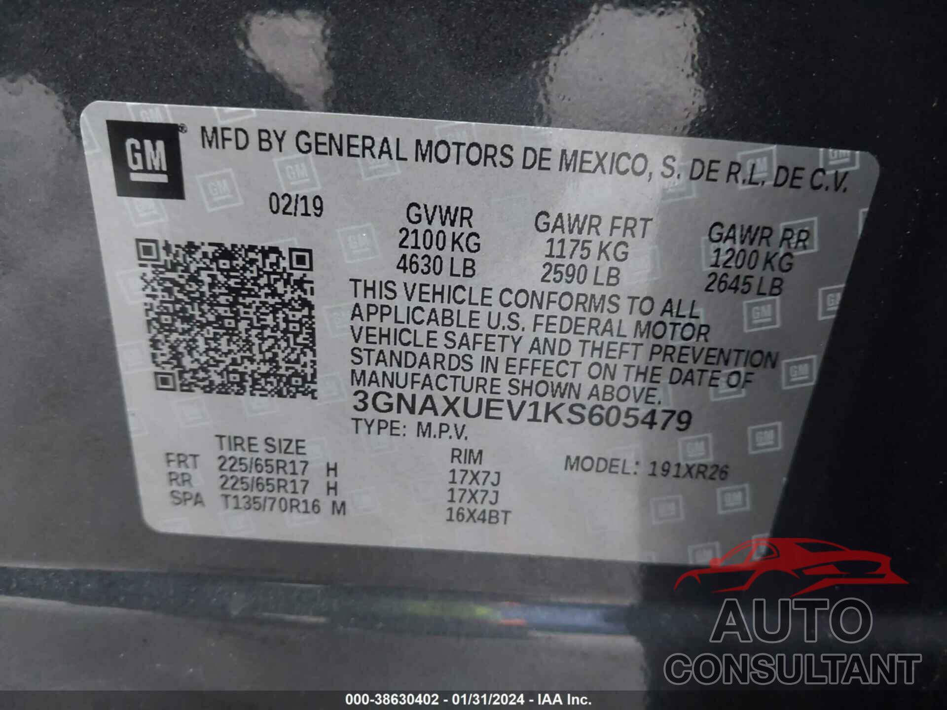 CHEVROLET EQUINOX 2019 - 3GNAXUEV1KS605479