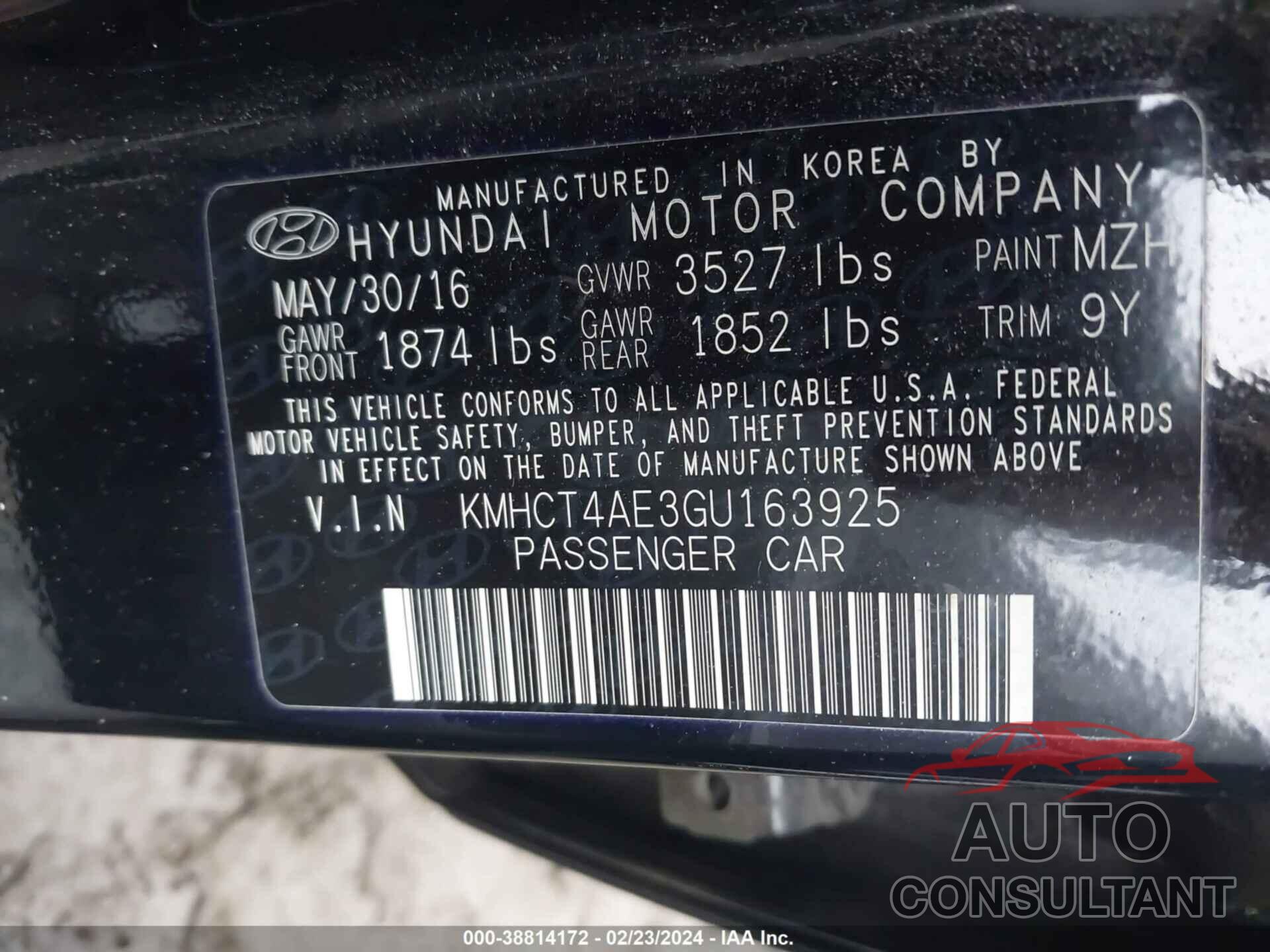 HYUNDAI ACCENT 2016 - KMHCT4AE3GU163925