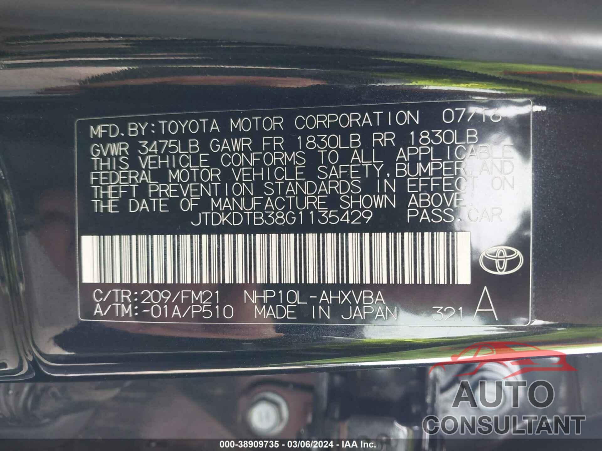 TOYOTA PRIUS C 2016 - JTDKDTB38G1135429